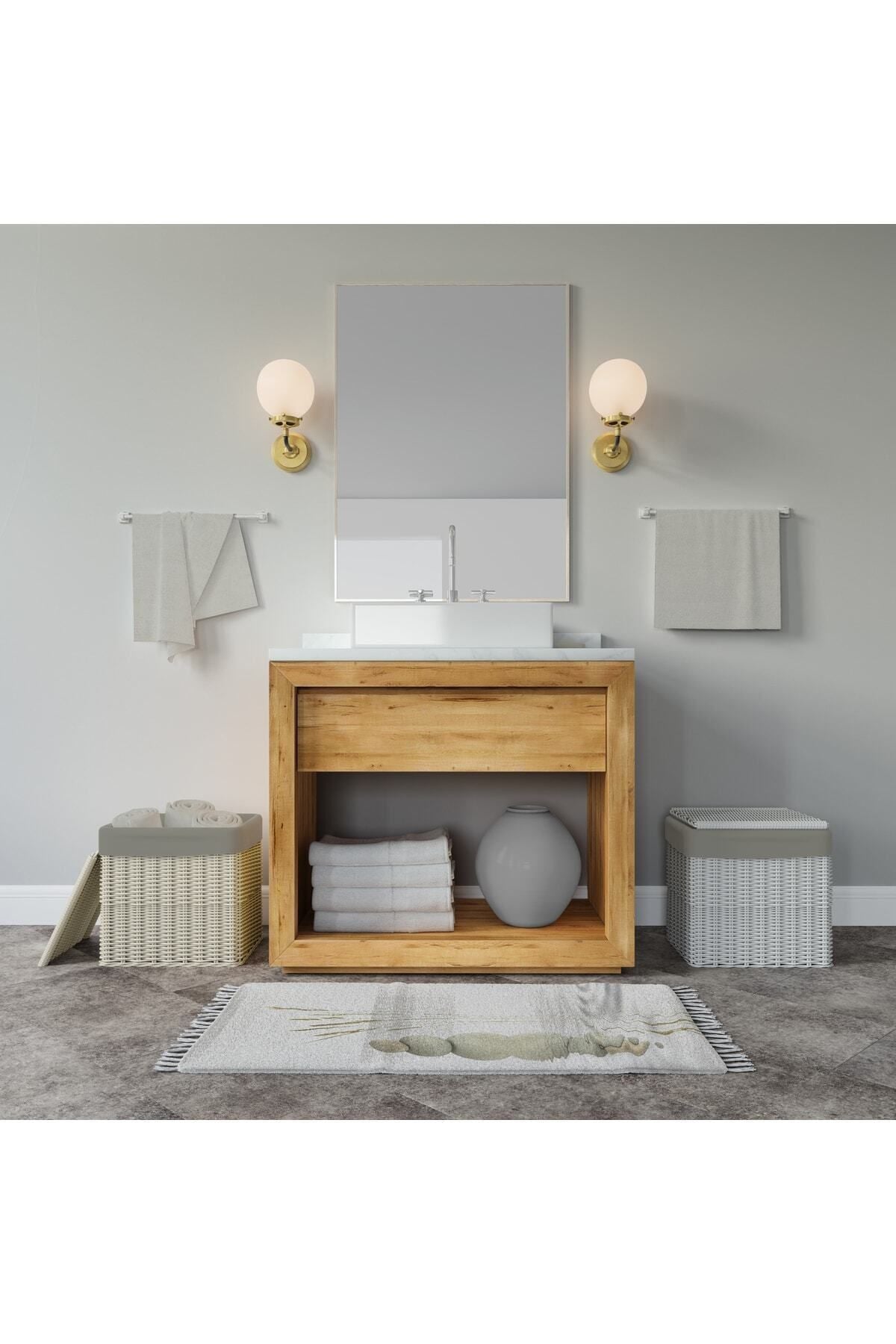 Taş Desenli Kaymaz Taban Dijital Baskılı 50x80cm Banyo Paspası ve 180x200cm Dijital Baskılı Banyo Perdesi Takımı — 180 x 200 + 50 x 80