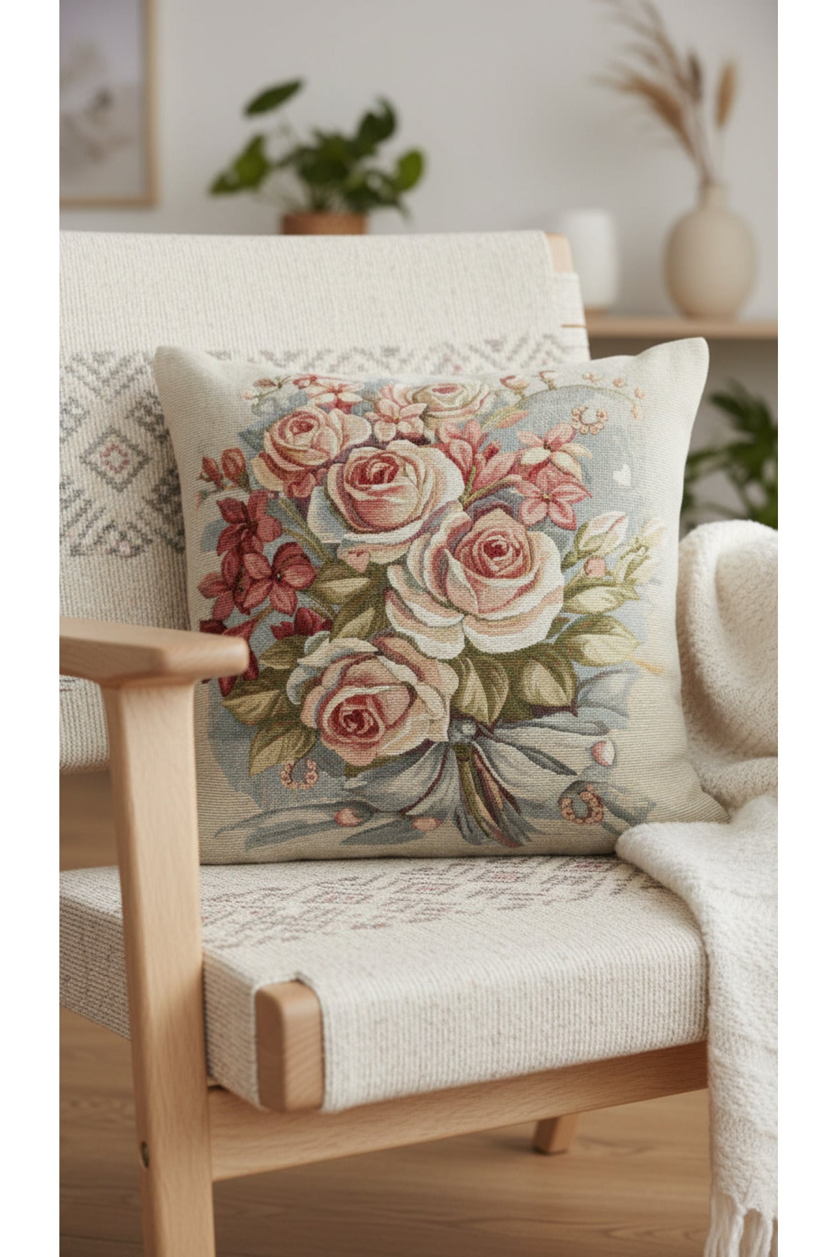 Tropikhome ST-9 Kırsal Ev Desenli 45 x 45 Cm Çift Taraflı Goblen Dokuma Kırlent Kılıfı — Çok Renkli