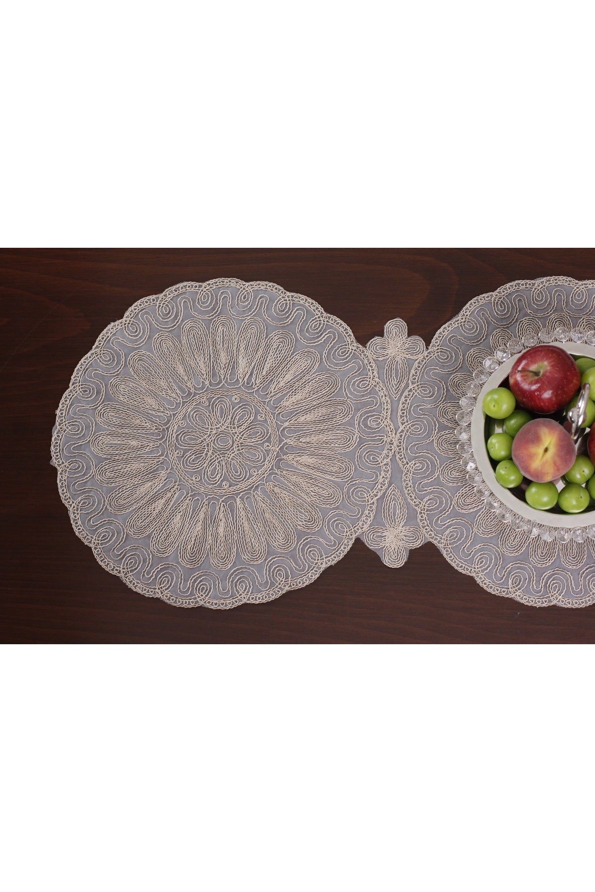 Tropikhome Nakışlı Bej 40 x 110 Runnerlı + 40 x 40*6 Amerikan Servisli 7 Parça Sunum Yemek Seti — Bej