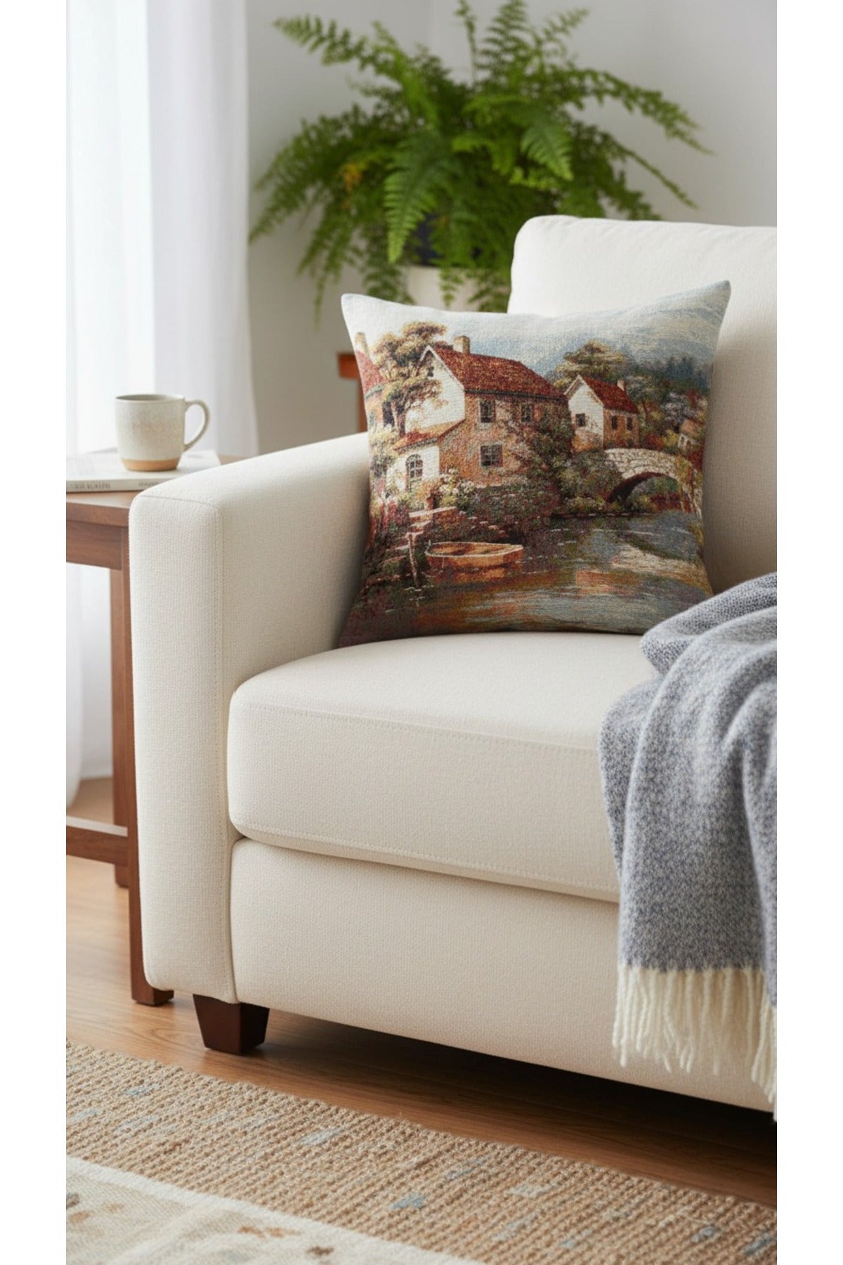 Tropikhome ST-9 Kırsal Ev Desenli 45 x 45 Cm Çift Taraflı Goblen Dokuma Kırlent Kılıfı — Çok Renkli