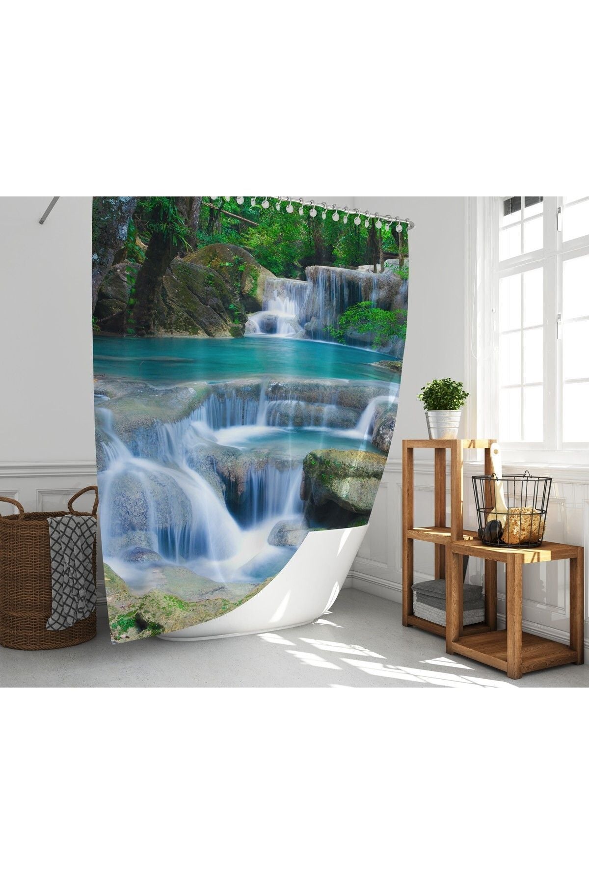 Tropikhome 180 x 200 Mavi Şelale Desenli Banyo Perdesi — Mavi