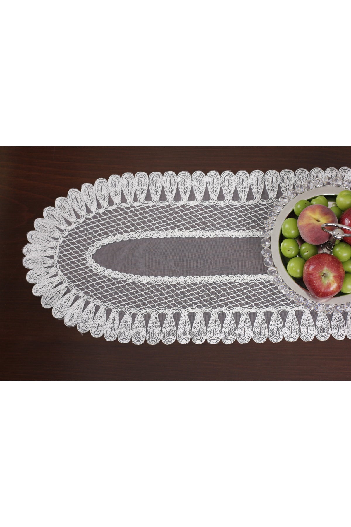 Tropikhome Nakışlı Ekru 32 x 110 Runner + 32 x 50*8 Amerikan Servisli 9 Parça Sunum Yemek Seti — Ekru