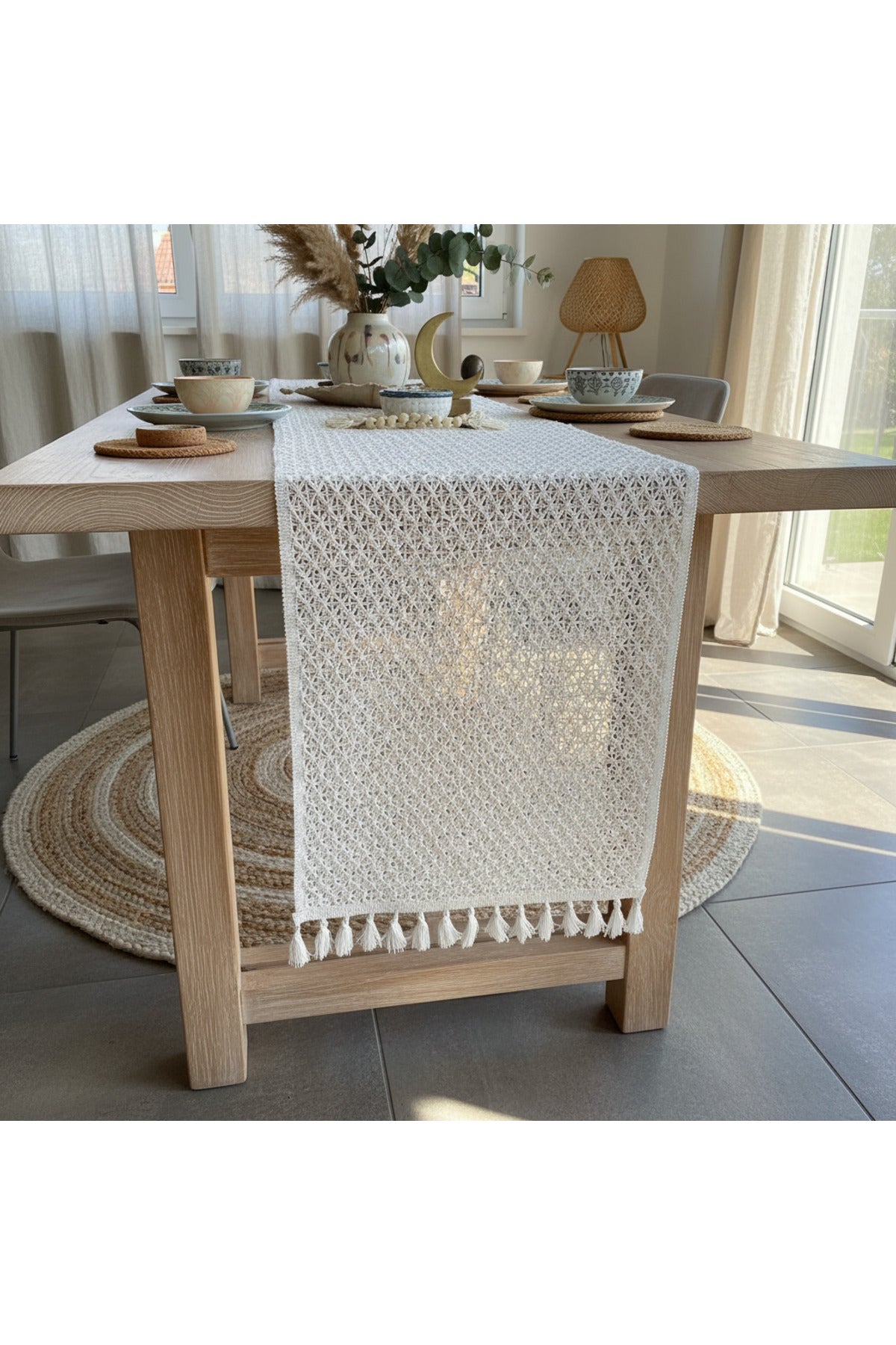 Tül Dantel Örgü Pamuklu Püsküllü Krem 35x145 Cm Runner — Krem