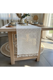 Tül Dantel Örgü Pamuklu Püsküllü Krem 35x145 Cm Runner — Krem