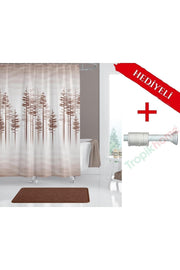 Ağaç Desenli Polyester Kumaş Banyo Perdesi 2MT Beyaz Yaylı Boru ve C-halkalı Set — Siyah