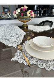 Tropikhome Nakışlı Ekru 35 x 115 Runner + 35 x 50*6 Amerikan Servisli 7 Parça Sunum Yemek Seti — Ekru