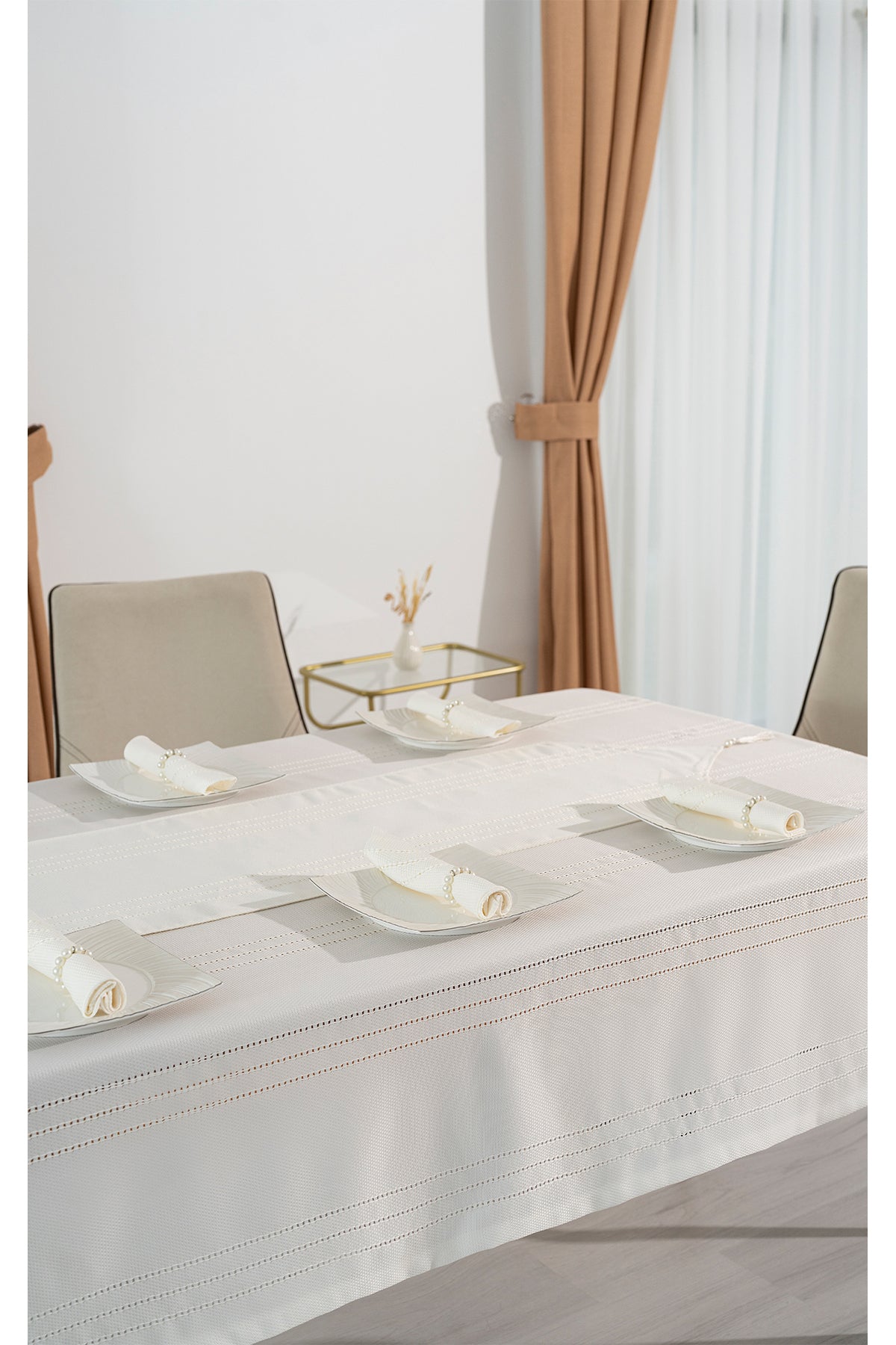 Tropikhome 160 x 220 + 1 Runner + 12 peçete + 12 Yüzük'lü Keten Görünümlü 26 Parça Dertsiz Çeyiz Seti — Krem