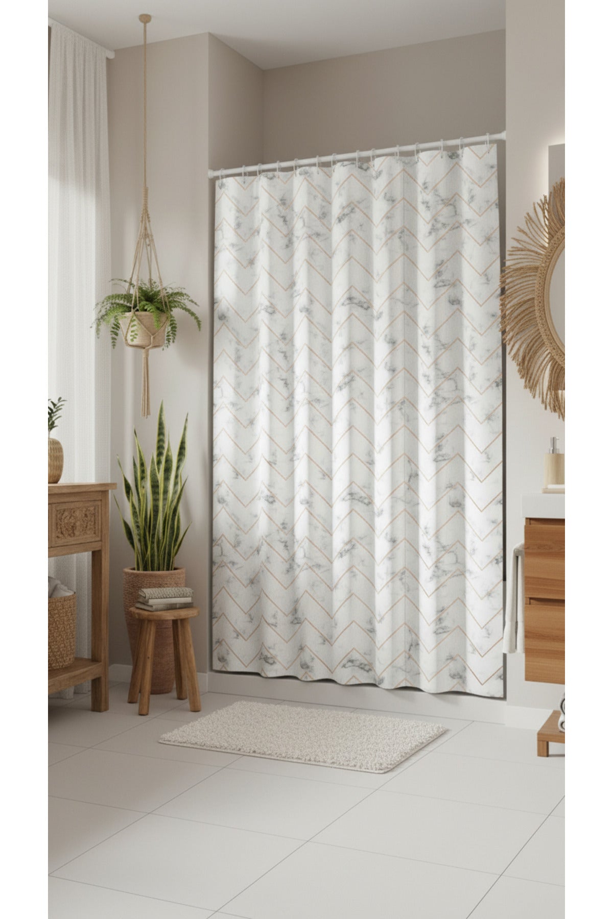 Tropikhome 180 x 200 Beyaz Mermer Desenli Banyo Perdesi — Beyaz