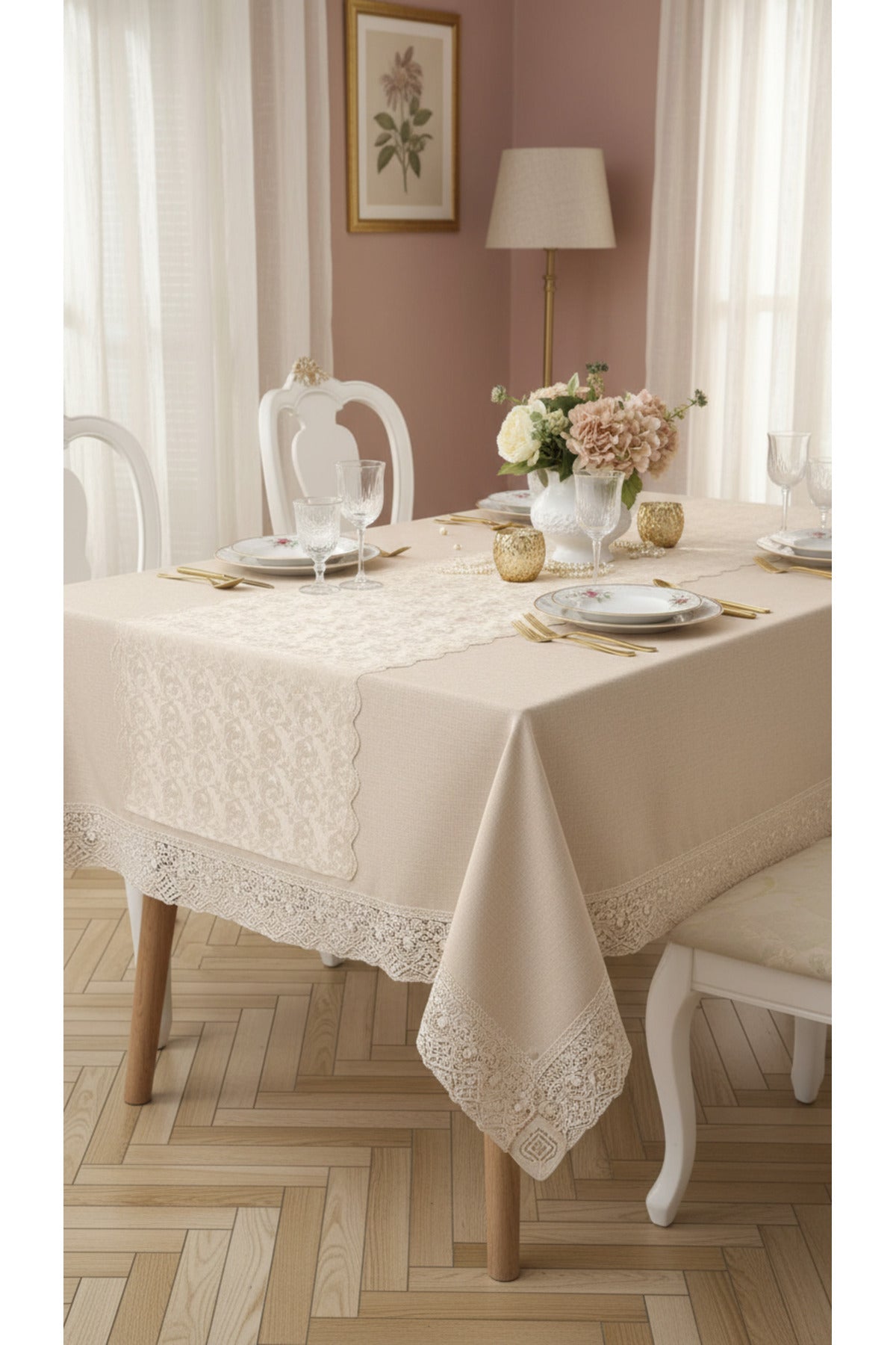 Tropikhome 160 x 220 Gri Pamuklu Masa Örtüsü Ve Dantelli Runner Çeyiz Seti — Gri