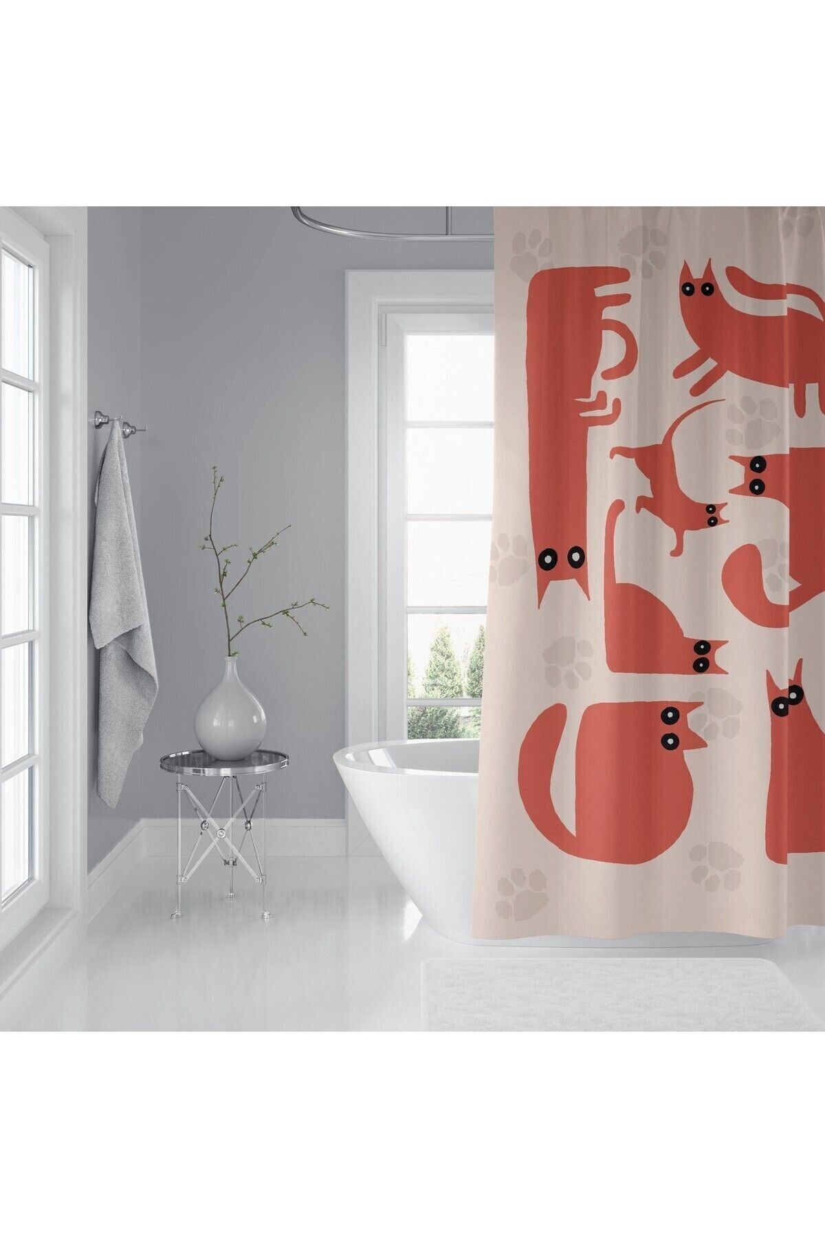 Tropikhome 180 x 200 Kırmızı Kedi Desenli Banyo Perdesi — Kırmızı