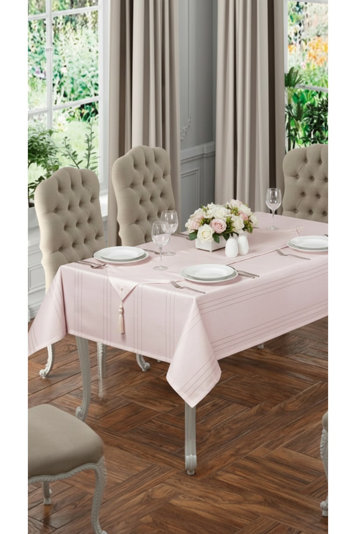 Tropikhome 160 x 220 + 1 Runner + 12 peçete + 12 Yüzük'lü Keten Görünümlü 26 Parça Dertsiz Çeyiz Seti — Pembe