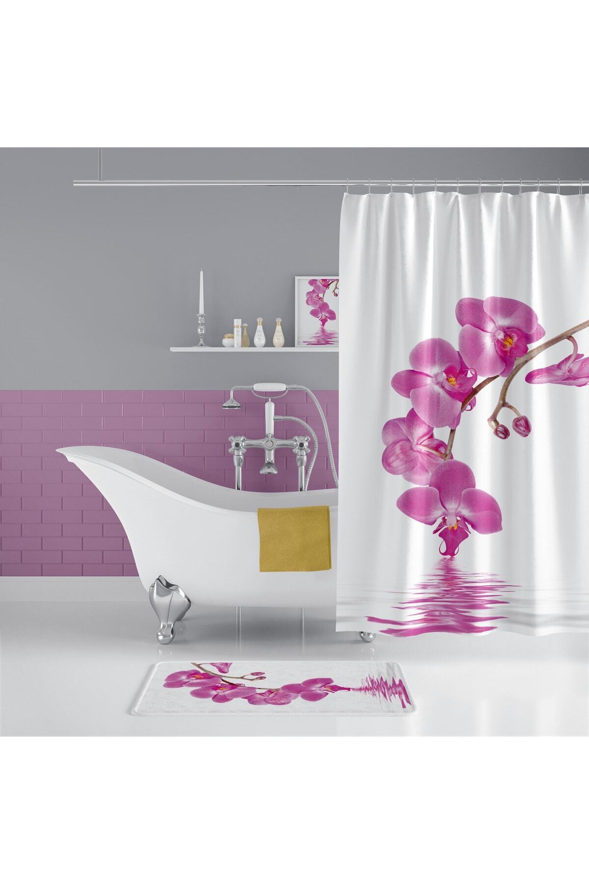 Orkide Desenli Kaymaz Taban Dijital Baskılı 50x80cm Banyo Paspası ve 180x200cm Dijital Baskılı Banyo Perdesi Takımı — 180 x 200 + 50 x 80