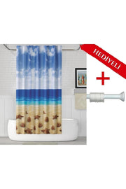 Sahil Desenli Polyester Kumaş Banyo Perdesi 2MT Beyaz Yaylı Boru ve C-halkalı Set — Çok Renkli