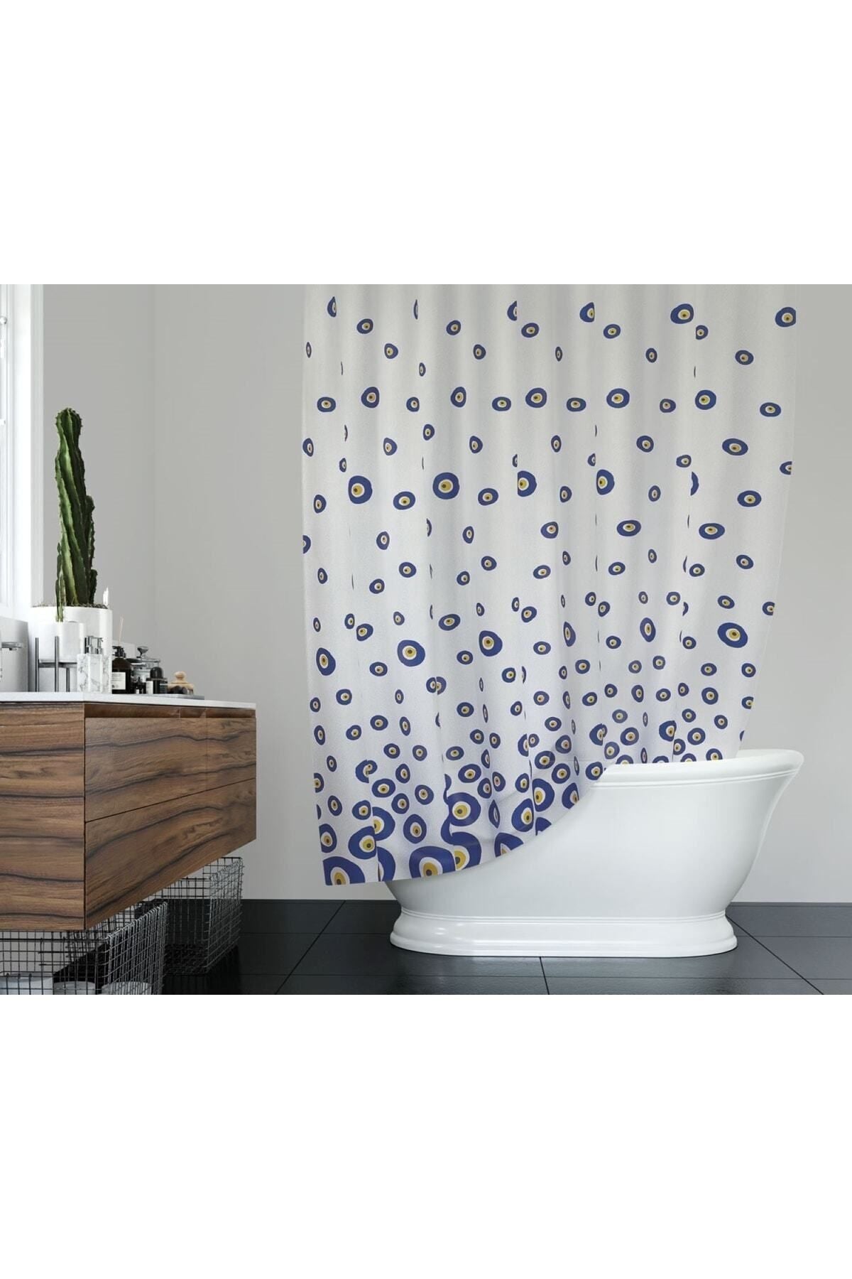 Tropikhome 180 x 200 Mavi Nazar Boncuğu Desenli Banyo Perdesi — Mavi