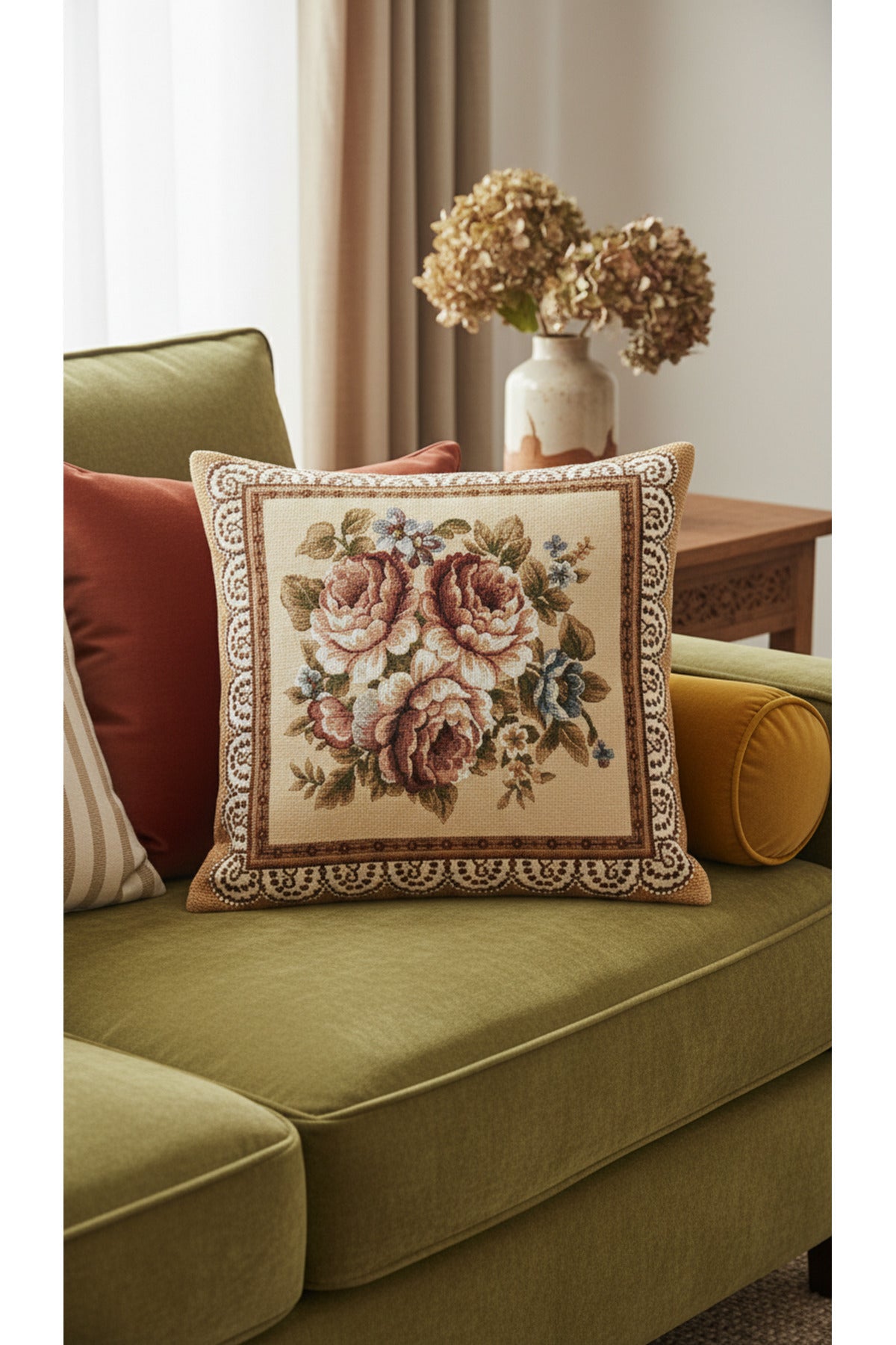 Tropikhome ST-9 Kırsal Ev Desenli 45 x 45 Cm Çift Taraflı Goblen Dokuma Kırlent Kılıfı — Çok Renkli