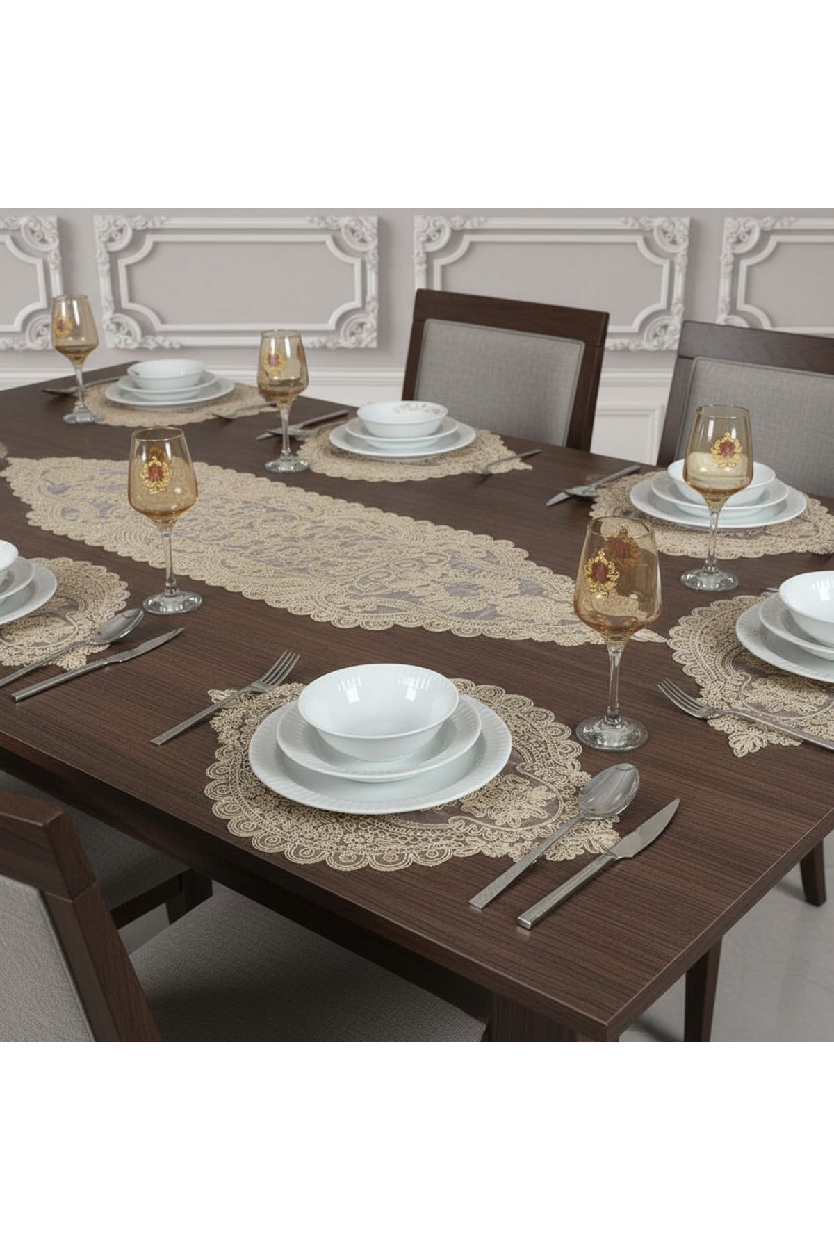 Tropikhome Nakışlı Bej 35 x 115 Runner + 35 x 50*8 Amerikan Servisli 9 Parça Sunum Yemek Seti — Bej