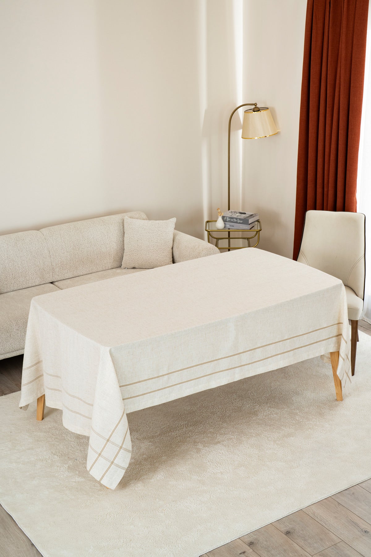Tropikhome 150 x 260 Bej Çizgi Detaylı Pano Desenli Keten Masa Örtüsü — Bej