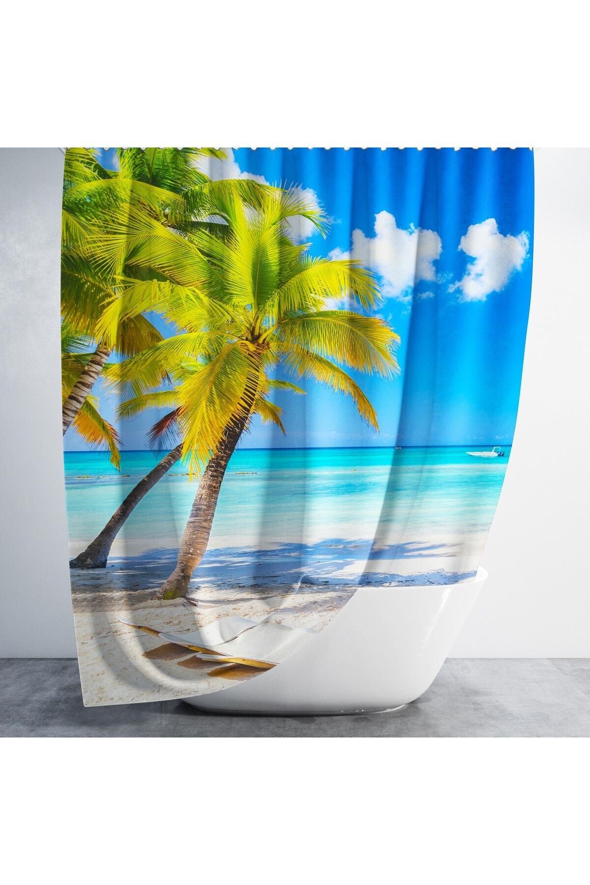 Tropikhome 180 x 200 Mavi Sahil Manzarası Desenli Banyo Perdesi — Mavi