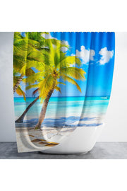 Tropikhome 180 x 200 Mavi Sahil Manzarası Desenli Banyo Perdesi — Mavi