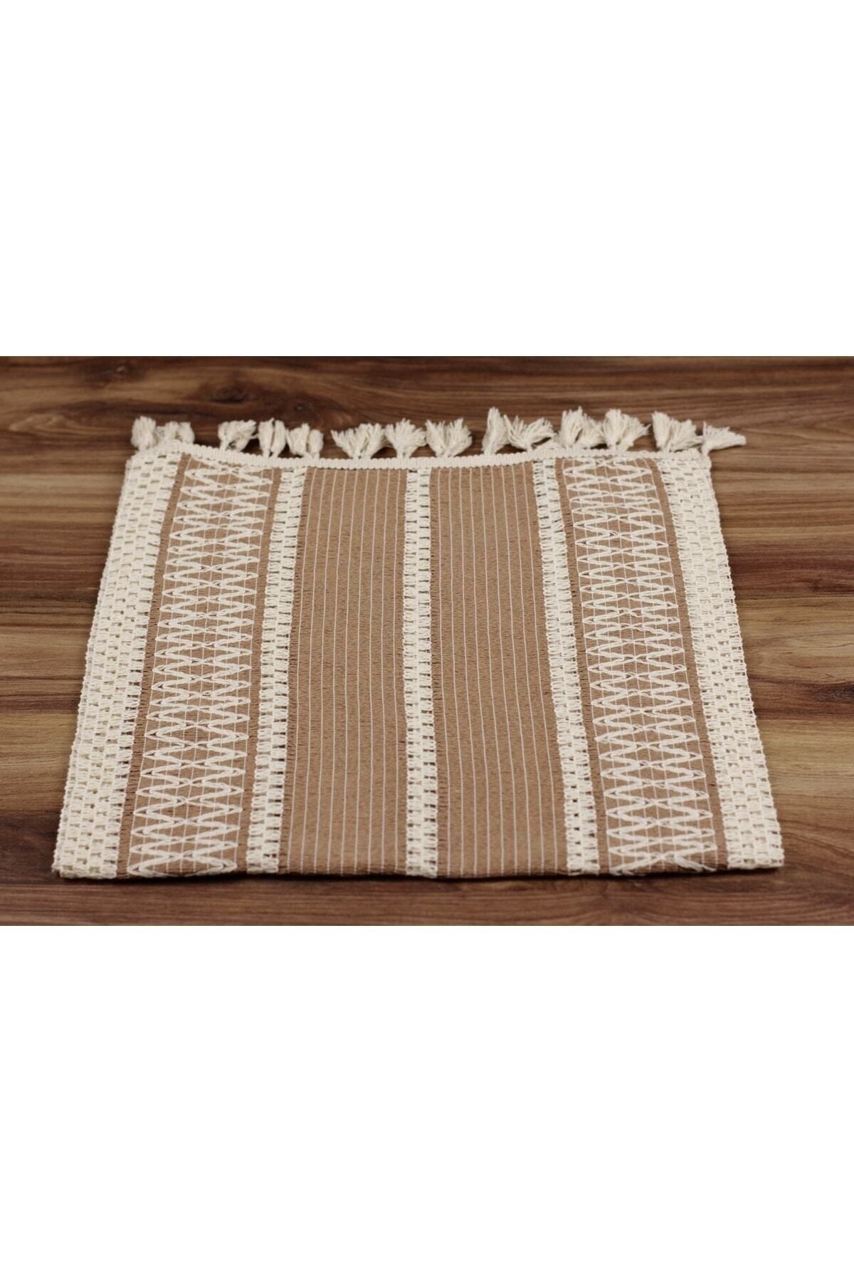 Ham Organik Pamuk Dantel Desenli Püsküllü Bej Runner 35x145 Cm  Masa Sunum Örtüsü — Bej