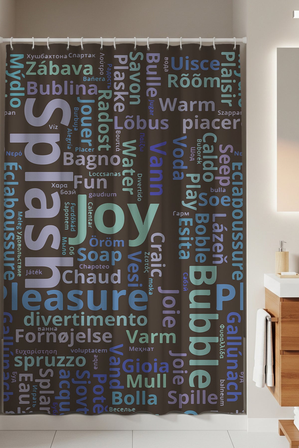 Tropikhome 180 x 200 Çok Renkli Yazılı Desenli Banyo Perdesi — Çok Renkli