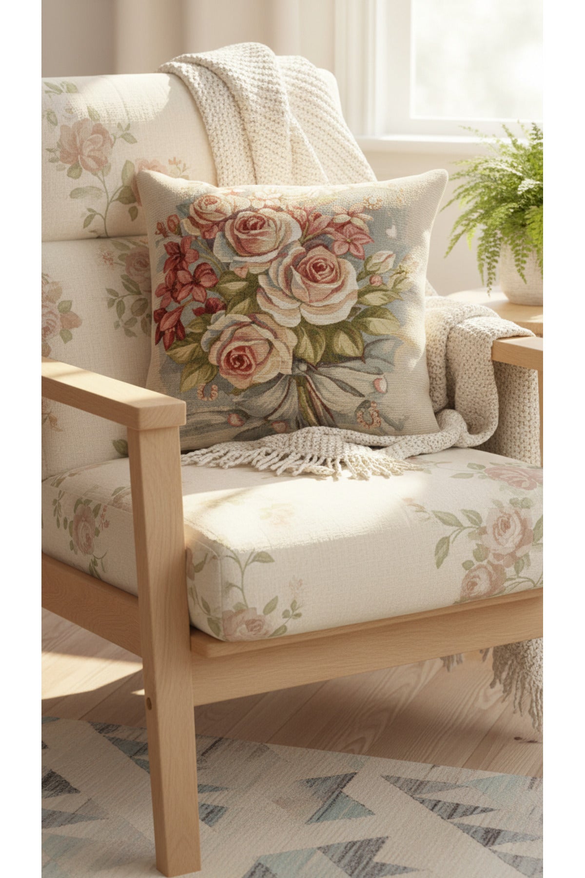 Tropikhome ST-9 Kırsal Ev Desenli 45 x 45 Cm Çift Taraflı Goblen Dokuma Kırlent Kılıfı — Çok Renkli