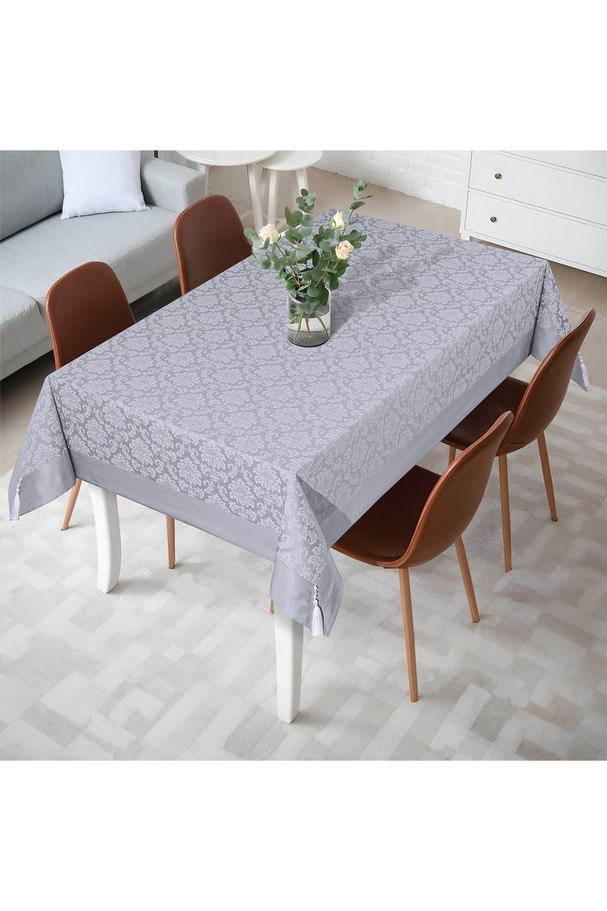 Tropikhome 160 x 220 Gri Pamuklu Damask Desenli Bordürlü Masa Örtüsü — Gri