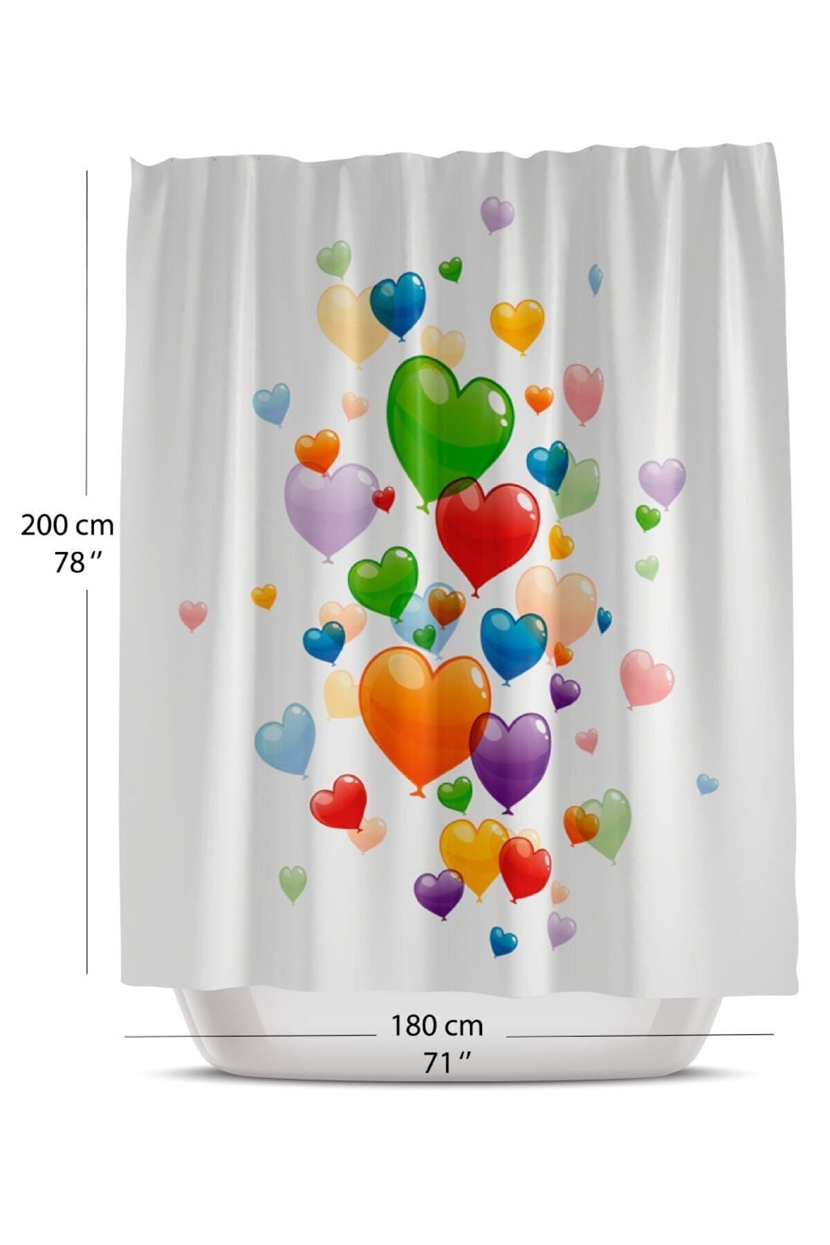 Tropikhome 180 x 200 Çok Renkli Kalpli Balon Desenli Banyo Perdesi — Çok Renkli