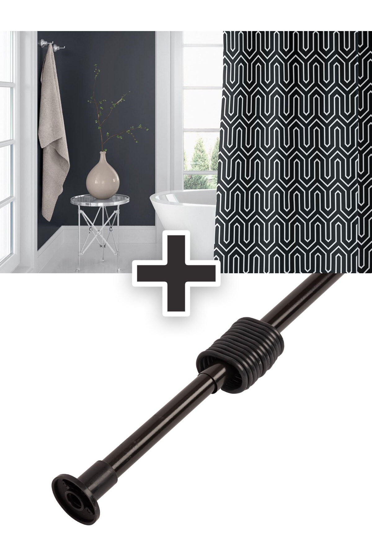 Etnik Desenli Polyester Kumaş Banyo Perdesi 2MT Siyah Yaylı Boru ve C-halkalı Set — Siyah