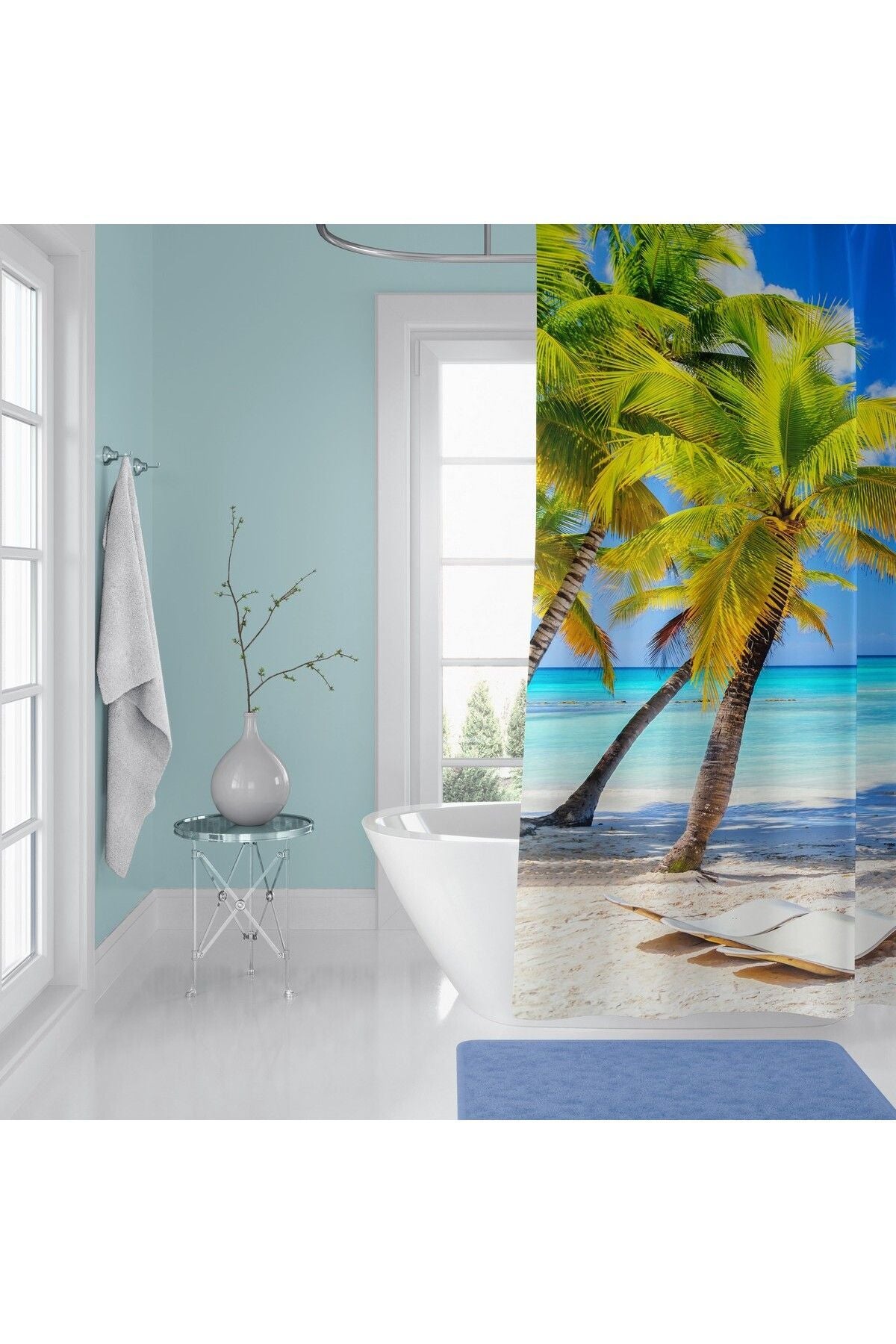 Tropikhome 180 x 200 Mavi Sahil Manzarası Desenli Banyo Perdesi — Mavi