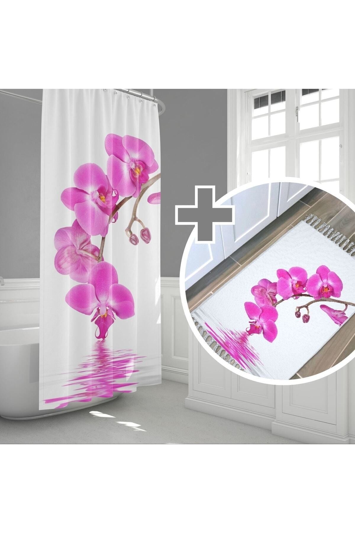 Orkide Desenli Kaymaz Taban Dijital Baskılı 50x80cm Banyo Paspası ve 180x200cm Dijital Baskılı Banyo Perdesi Takımı — 180 x 200 + 50 x 80