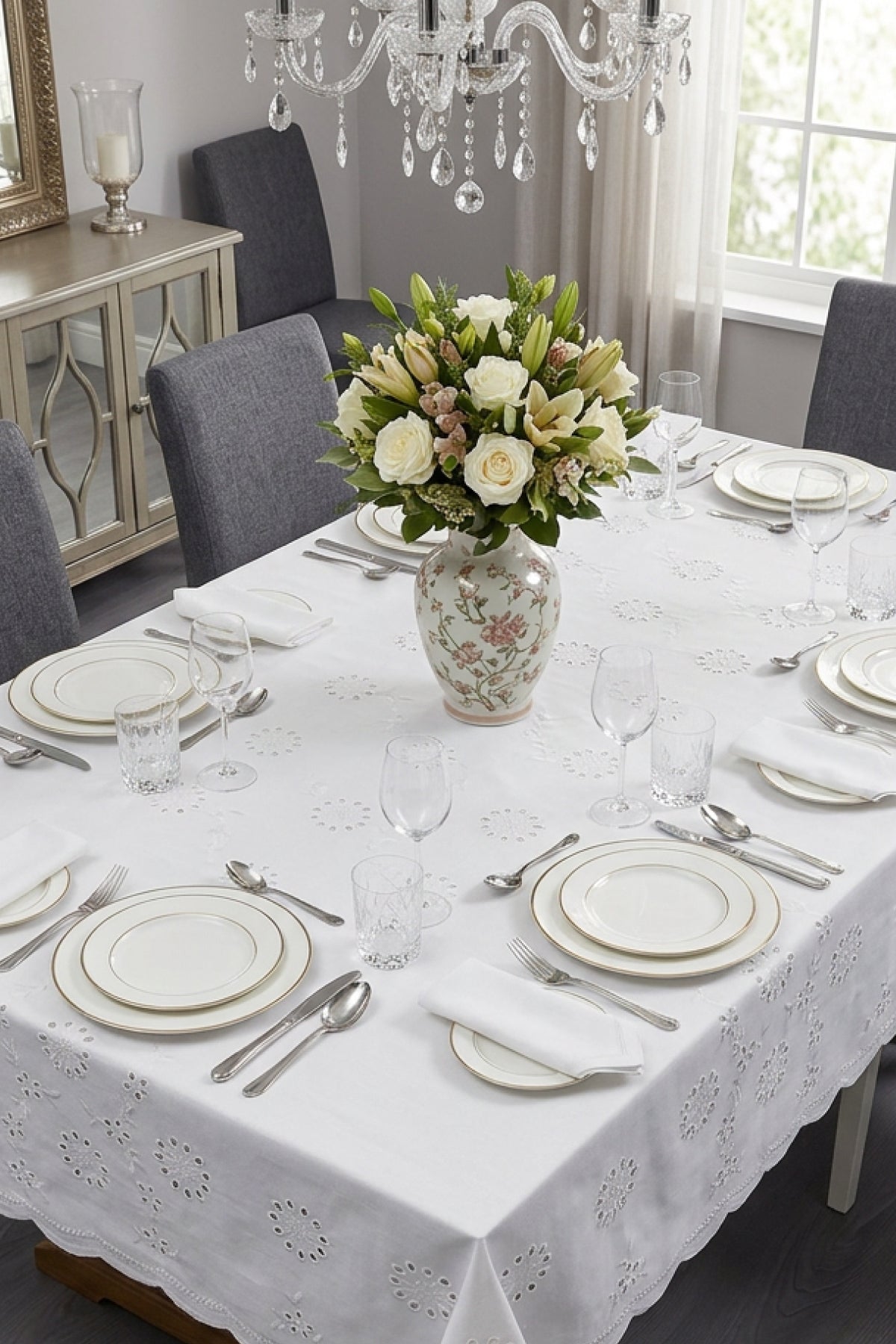 Ekru Brode Nakış İşlemeli 160x220 cm Dikdörtgen Çeyizlik Masa Örtüsü — Ekru