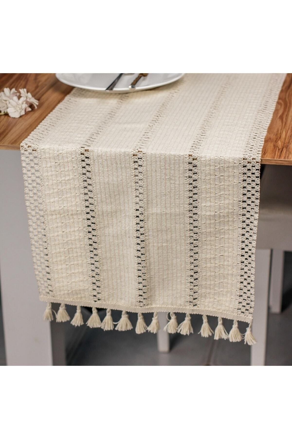 Ham Organik Pamuk Dantel Desenli Püsküllü Krem Runner 35x145 Cm  Masa Sunum Örtüsü — Krem