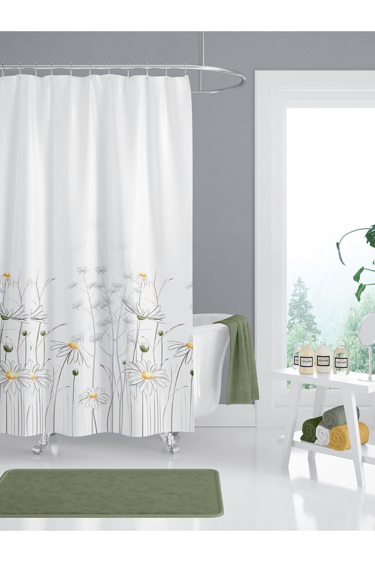 Tropikhome 120 X 200 (Çift Kanat) Çok Renkli Papatya Desen Banyo Perdesi — Çok Renkli