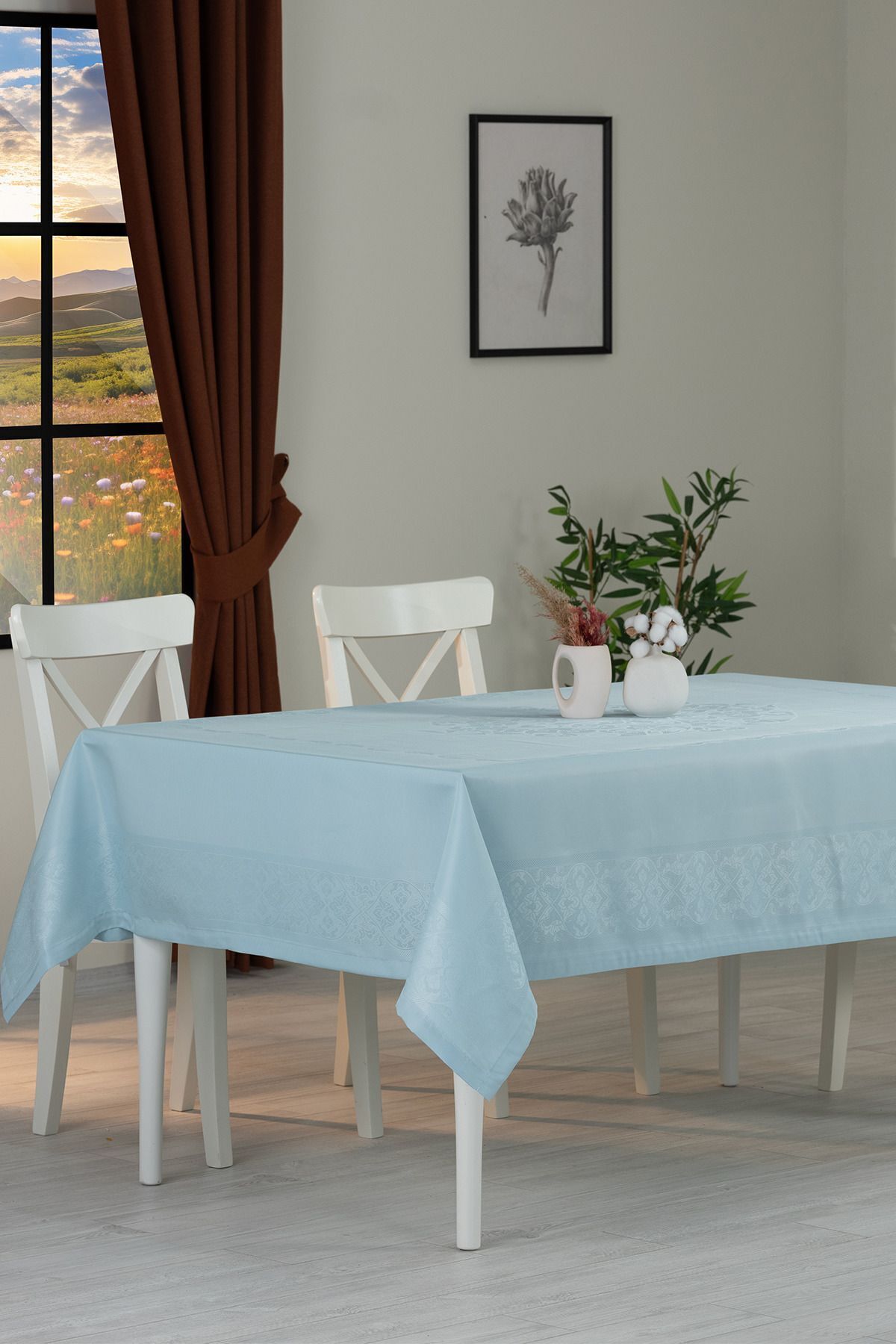 Tropikhome 150 x 220 Mint Sıvı İticilik Özellikli Jumbo Jakar Pano Masa Örtüsü — Mint