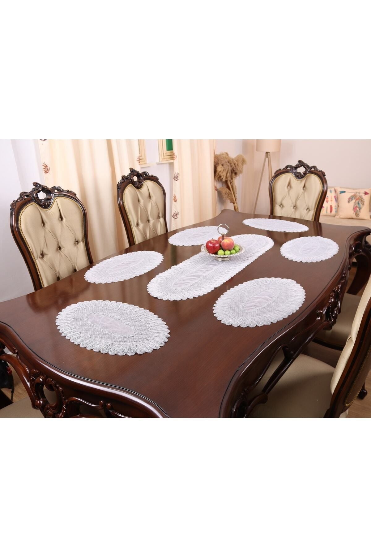 Tropikhome Nakışlı Gri 32 x 110 Runner + 32 x 50*8 Amerikan Servisli 9 Parça Sunum Yemek Seti — Gri