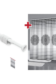 Mandala Desenli Polyester Kumaş Banyo Perdesi 2MT Beyaz Yaylı Boru ve C-halkalı Set — Siyah
