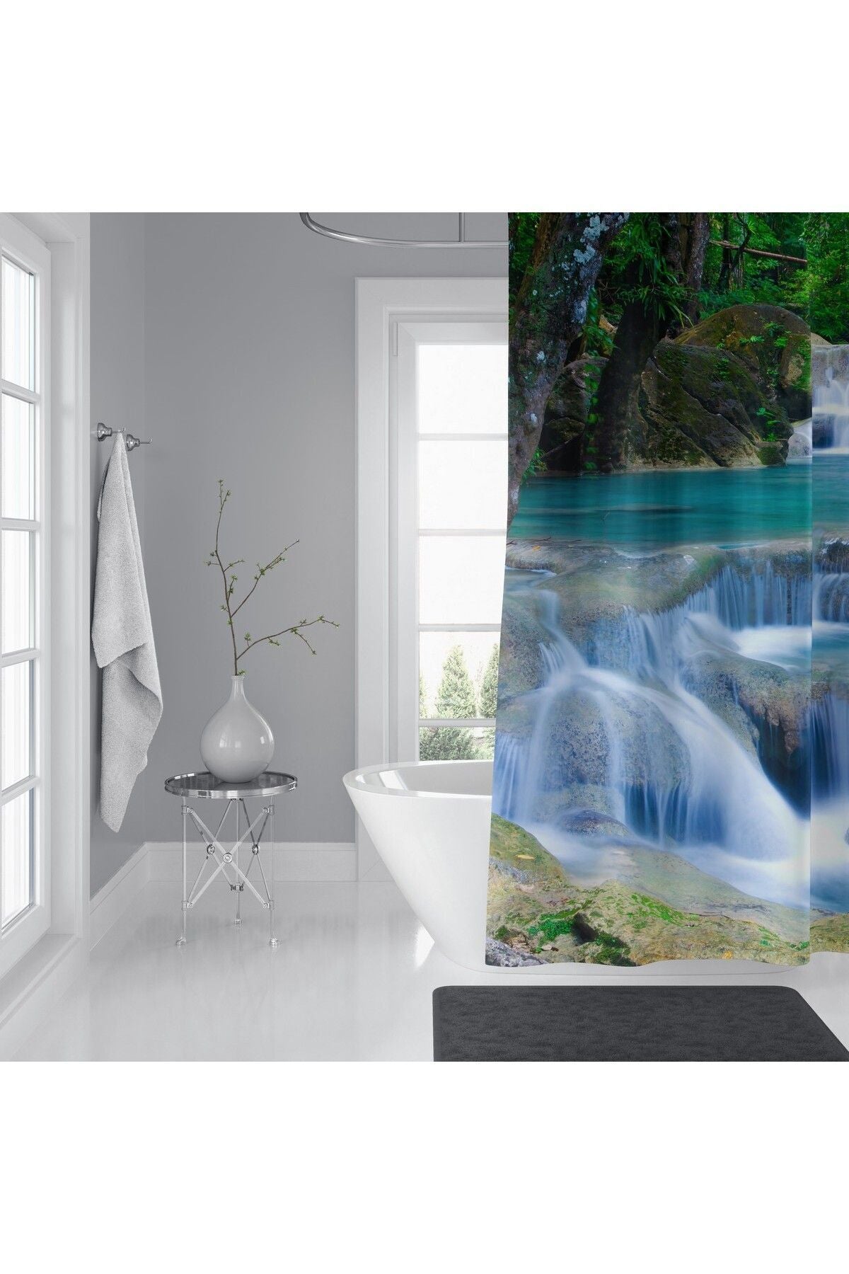 Tropikhome 180 x 200 Mavi Şelale Desenli Banyo Perdesi — Mavi
