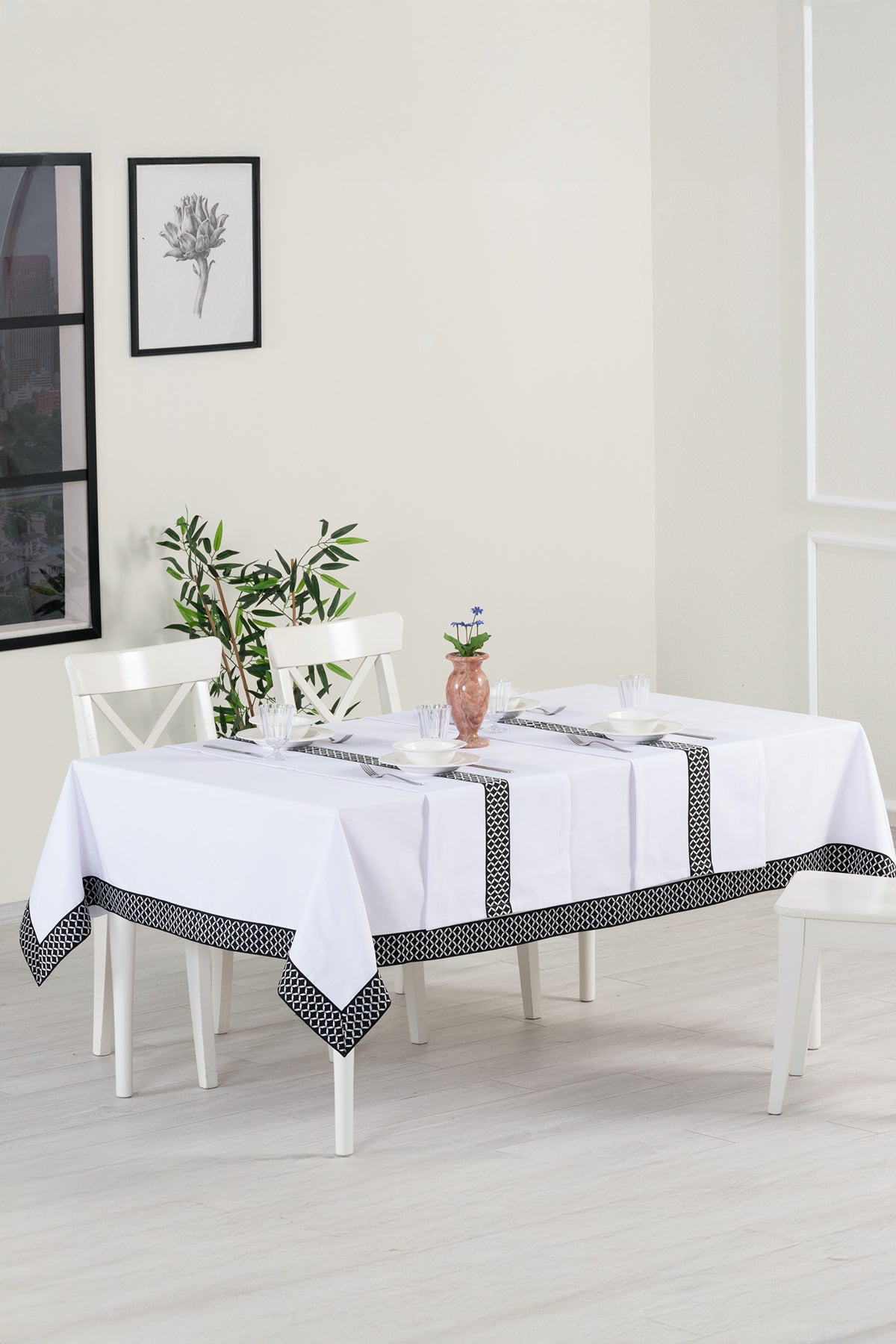 Tropikhome 160 x 260 + 2 Runner Beyaz Çeyizlik Pamuklu Masa Örtüsü Seti — Beyaz