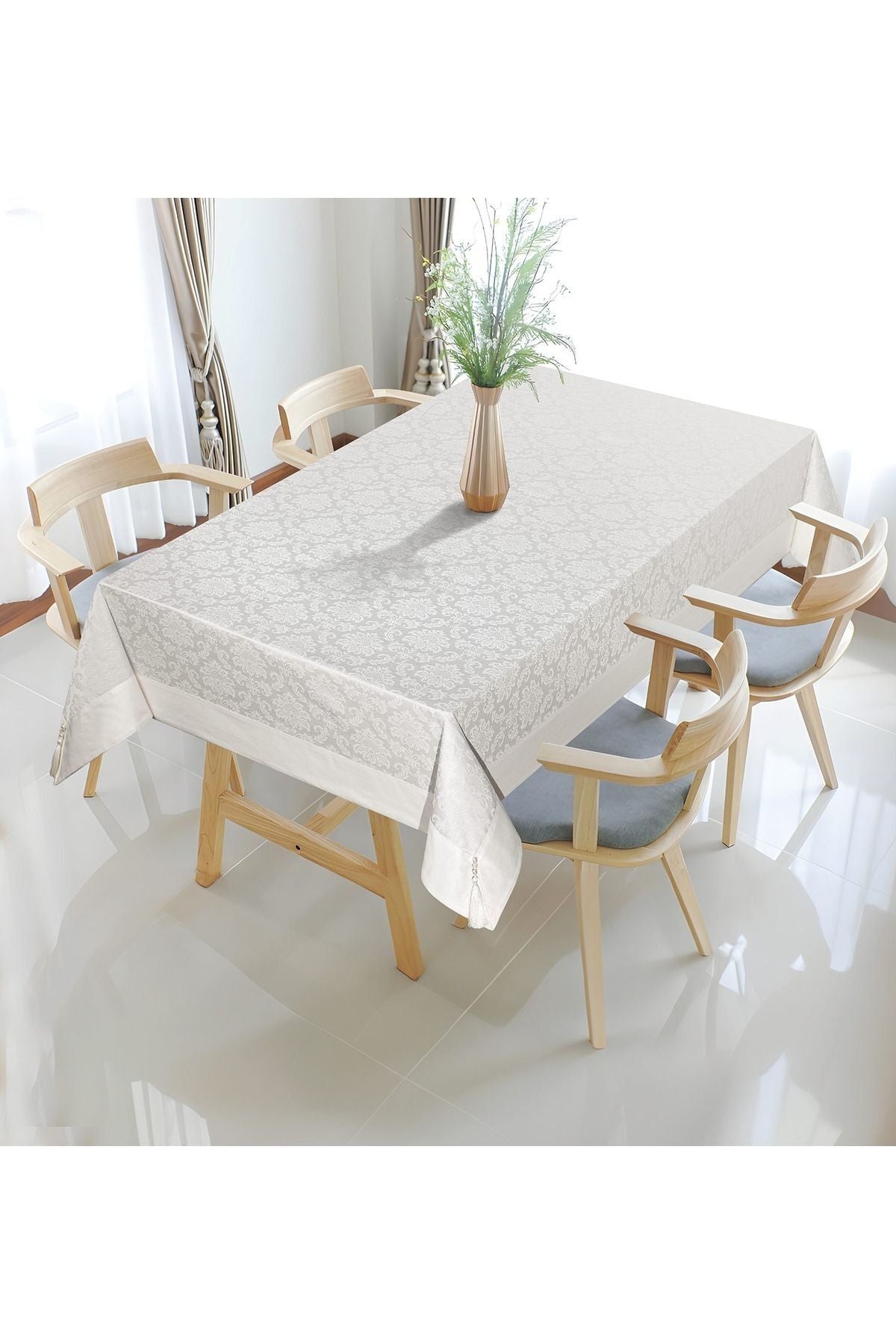 Tropikhome 160 x 220 Krem Pamuklu Damask Desenli Bordürlü Masa Örtüsü — Krem