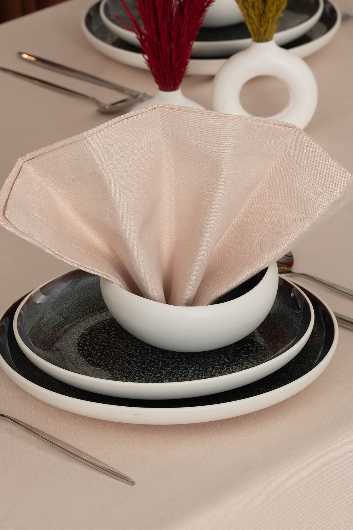 Tropikhome 160 x 220 + 8 Peçete Bej Pamuklu 9 Parça Masa Örtüsü Seti  — Bej
