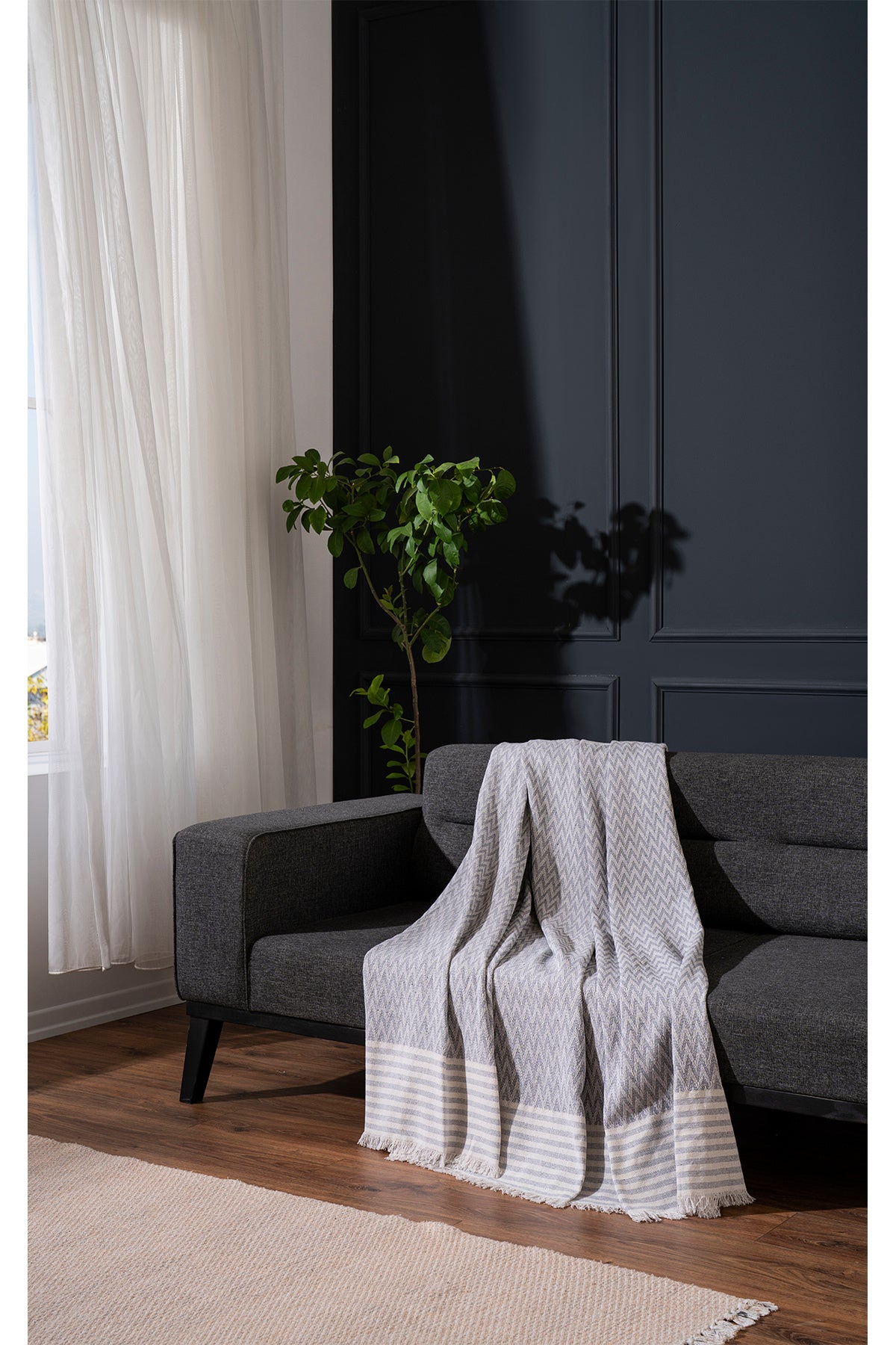 %100 Pamuk Zikzak Desenli 170 x 210 cm Antrasit Koltuk Kanepe Örtüsü — 170 x 210