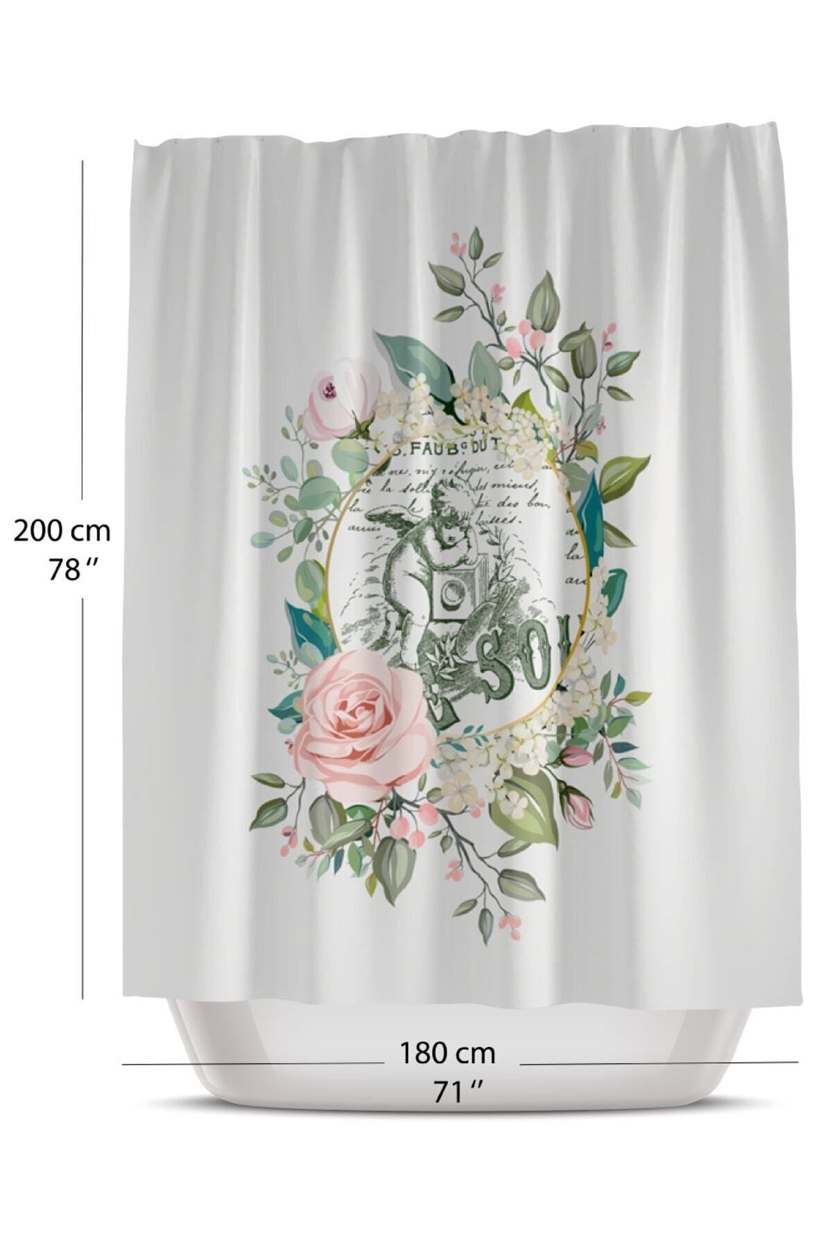 Tropikhome 180 x 200 Çok Renkli Melek Desenli Banyo Perdesi — Çok Renkli