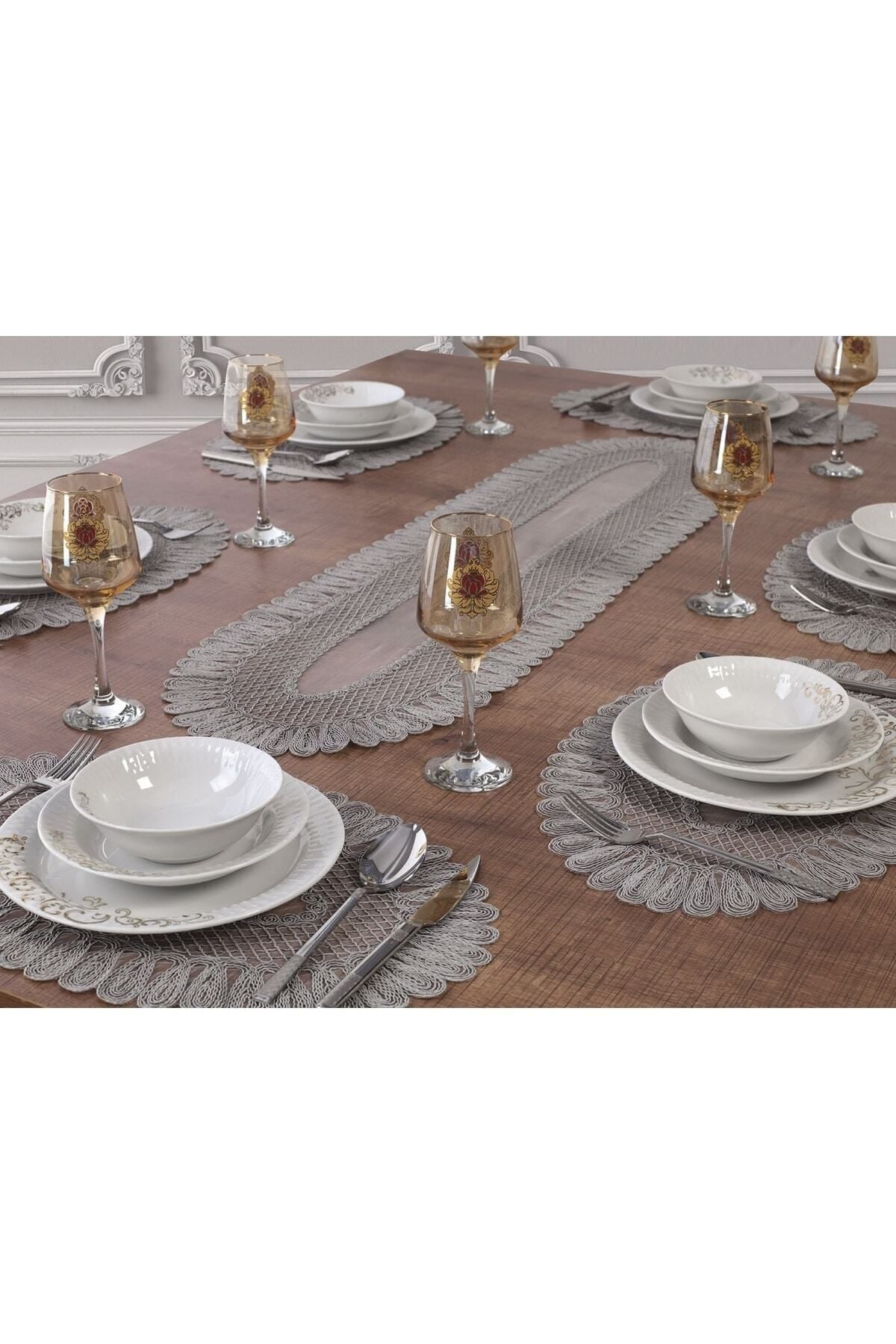 Tropikhome Nakışlı Gri 32 x 110 Runner + 32 x 50*8 Amerikan Servisli 9 Parça Sunum Yemek Seti — Gri