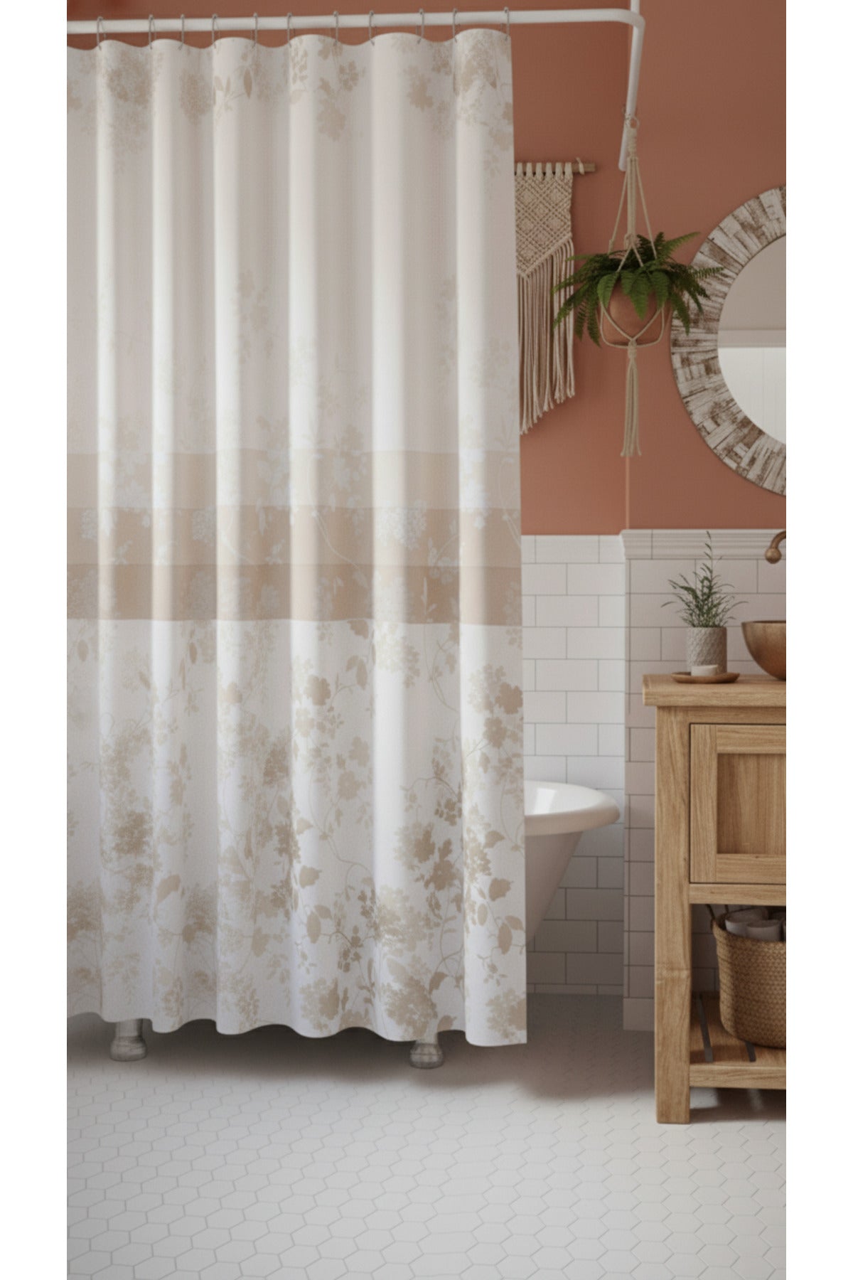 Tropikhome 180 x 200 Kahverengi Yaprak Desenli Banyo Perdesi — Kahverengi
