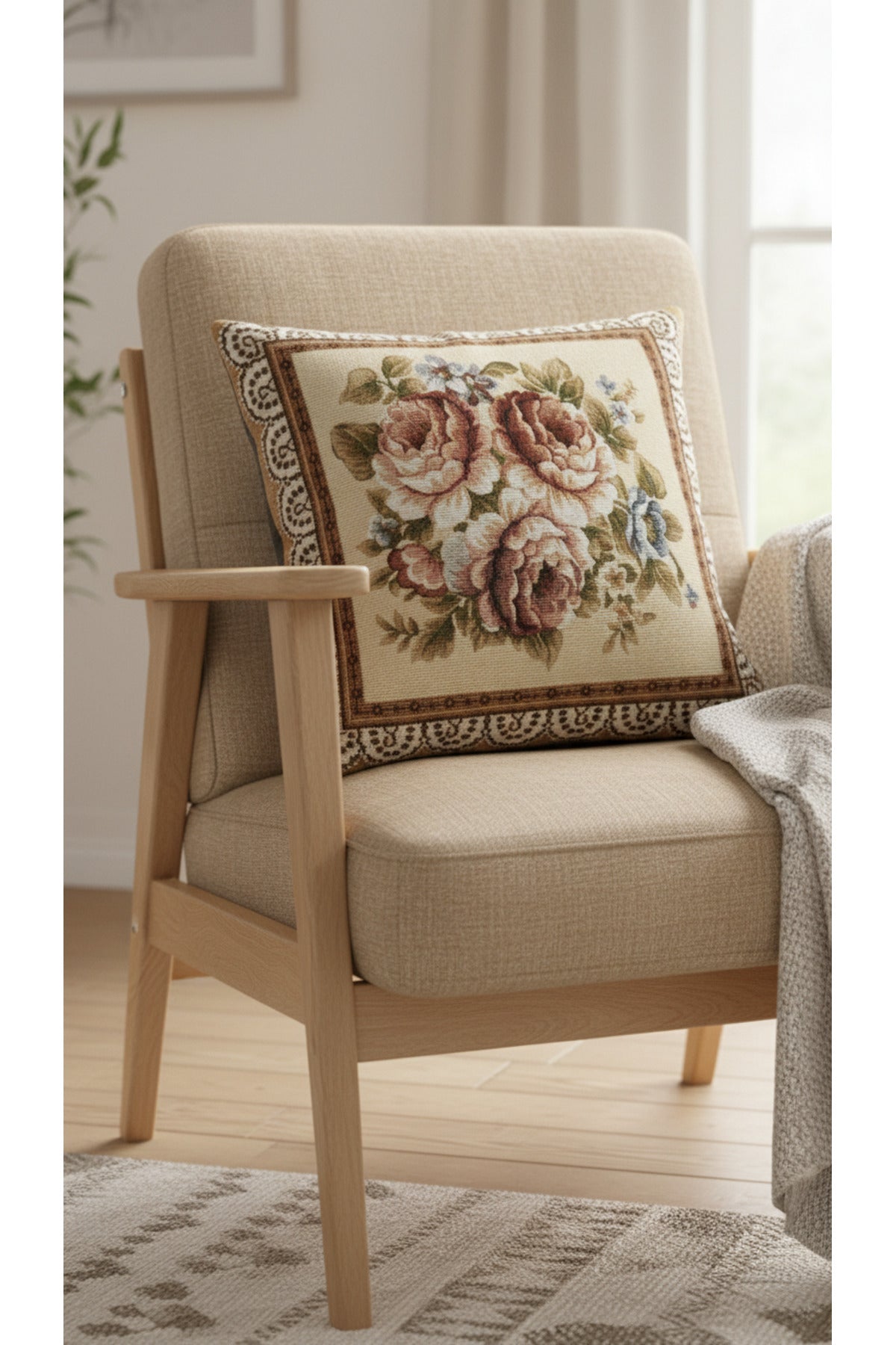 Tropikhome ST-9 Kırsal Ev Desenli 45 x 45 Cm Çift Taraflı Goblen Dokuma Kırlent Kılıfı — Çok Renkli