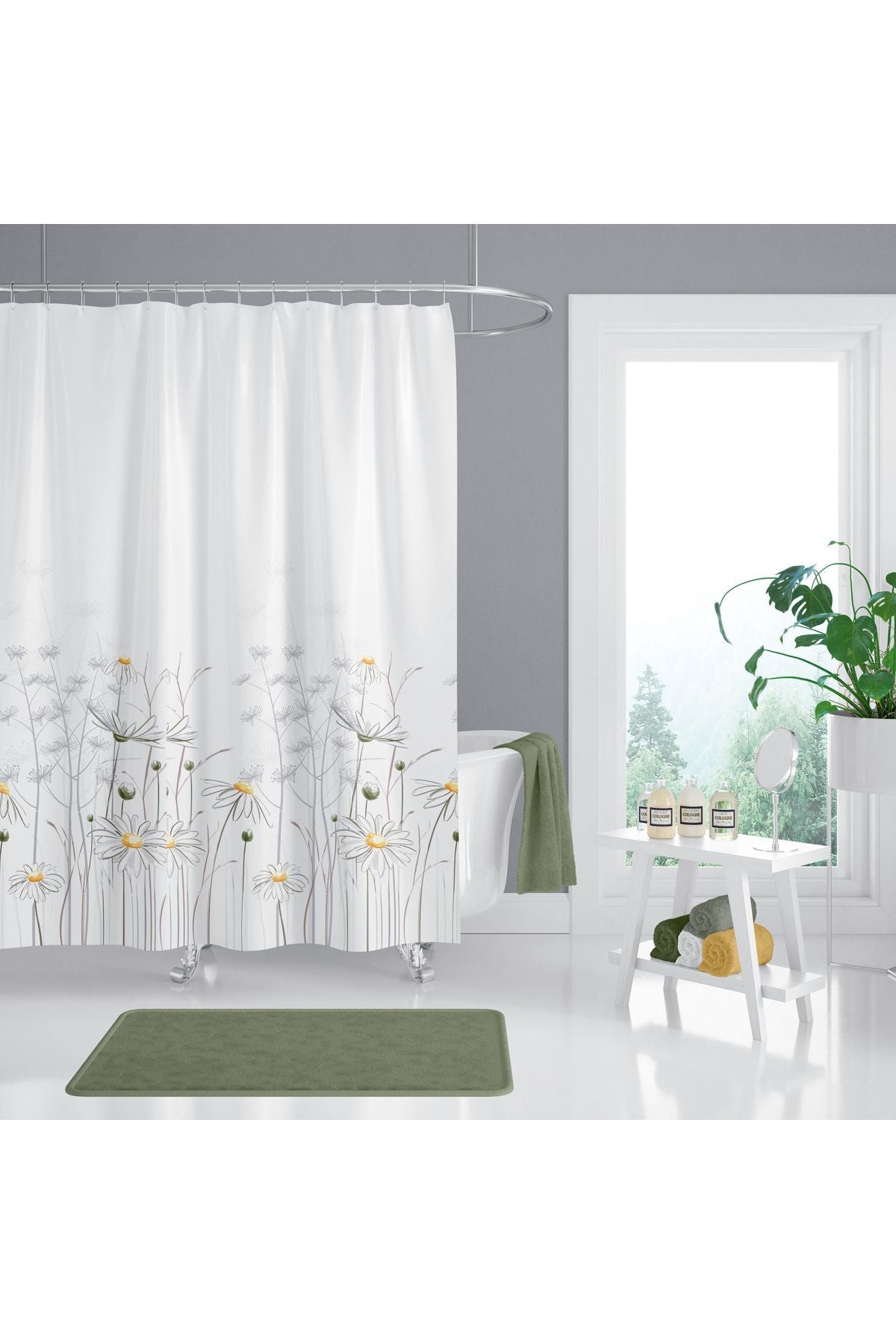 Tropikhome 120 X 200 (Çift Kanat) Çok Renkli Papatya Desen Banyo Perdesi — Çok Renkli