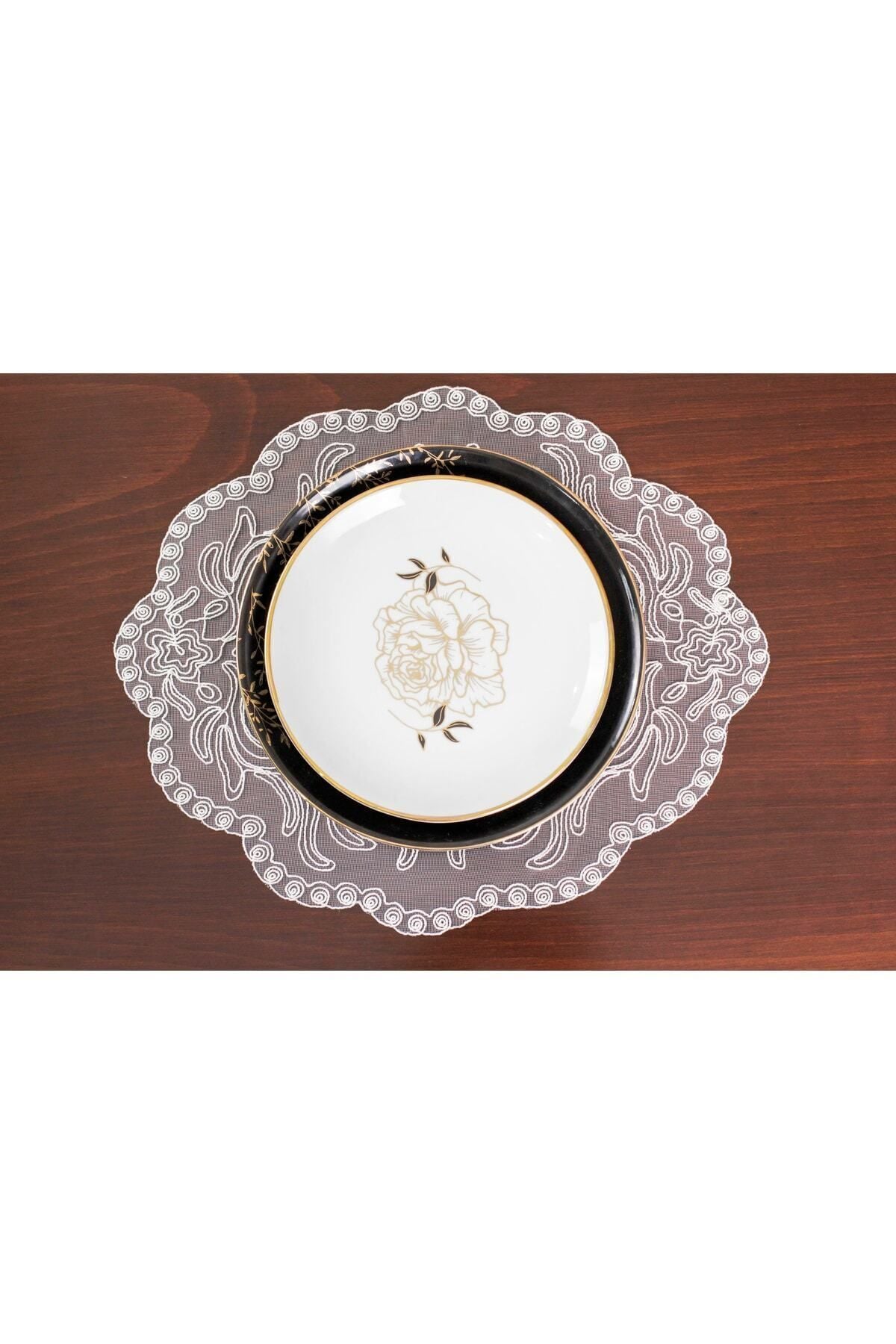 Tropikhome Nakışlı Ekru 40 x 110 Runner + 40 x 40*6 Amerikan Servisli 7 Parça Sunum Yemek Seti — Ekru