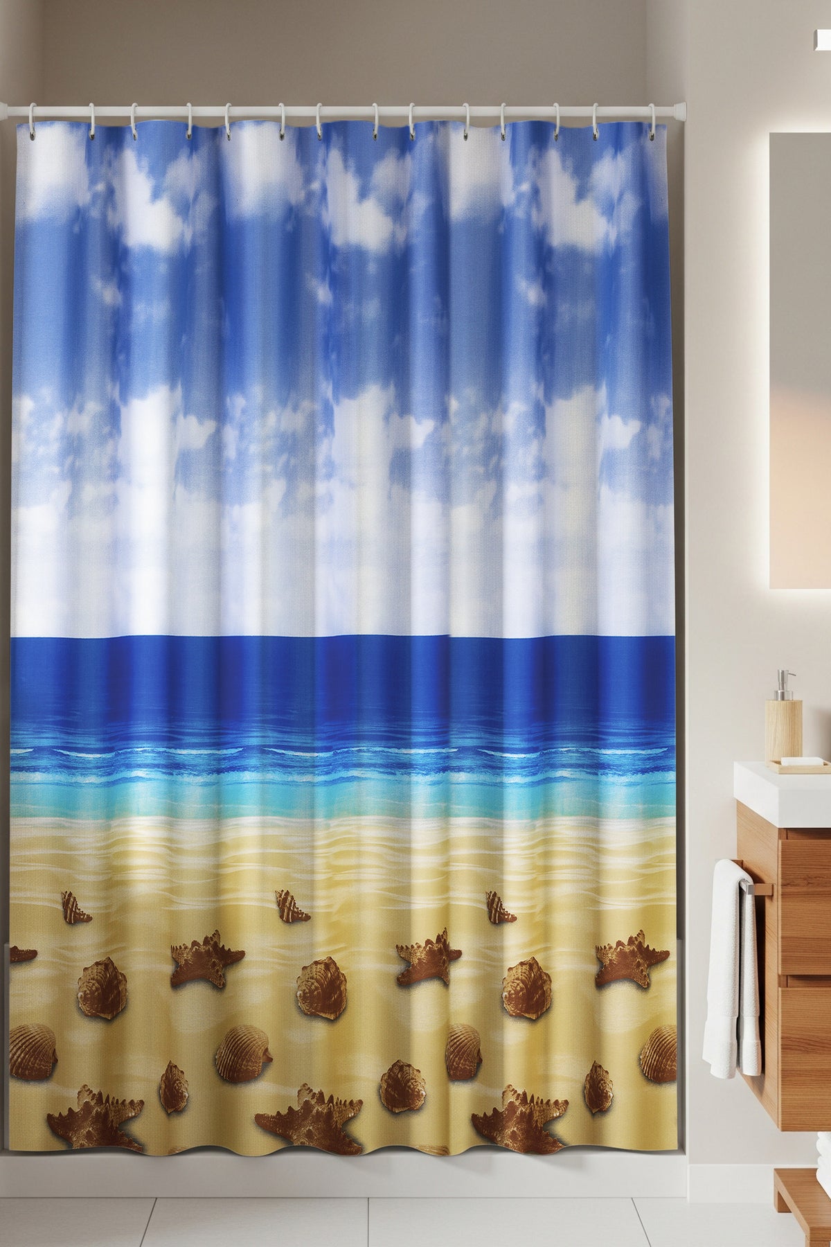 Tropikhome 180 x 200 Çok Renkli Sahil Manzarası Desenli Banyo Perdesi — Çok Renkli