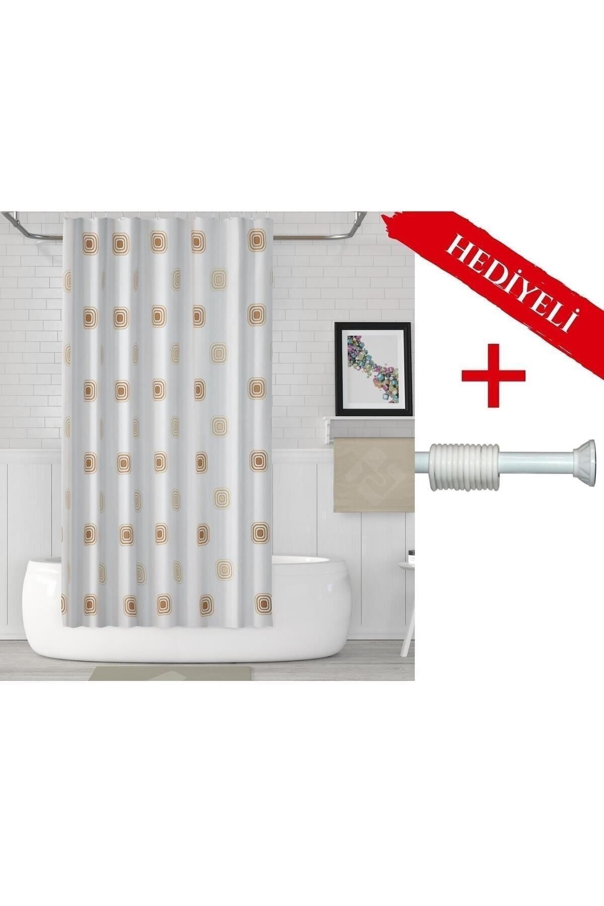 Geometrik Desenli Polyester Kumaş Banyo Perdesi 2MT Beyaz Yaylı Boru ve C-halkalı Set — Kahverengi